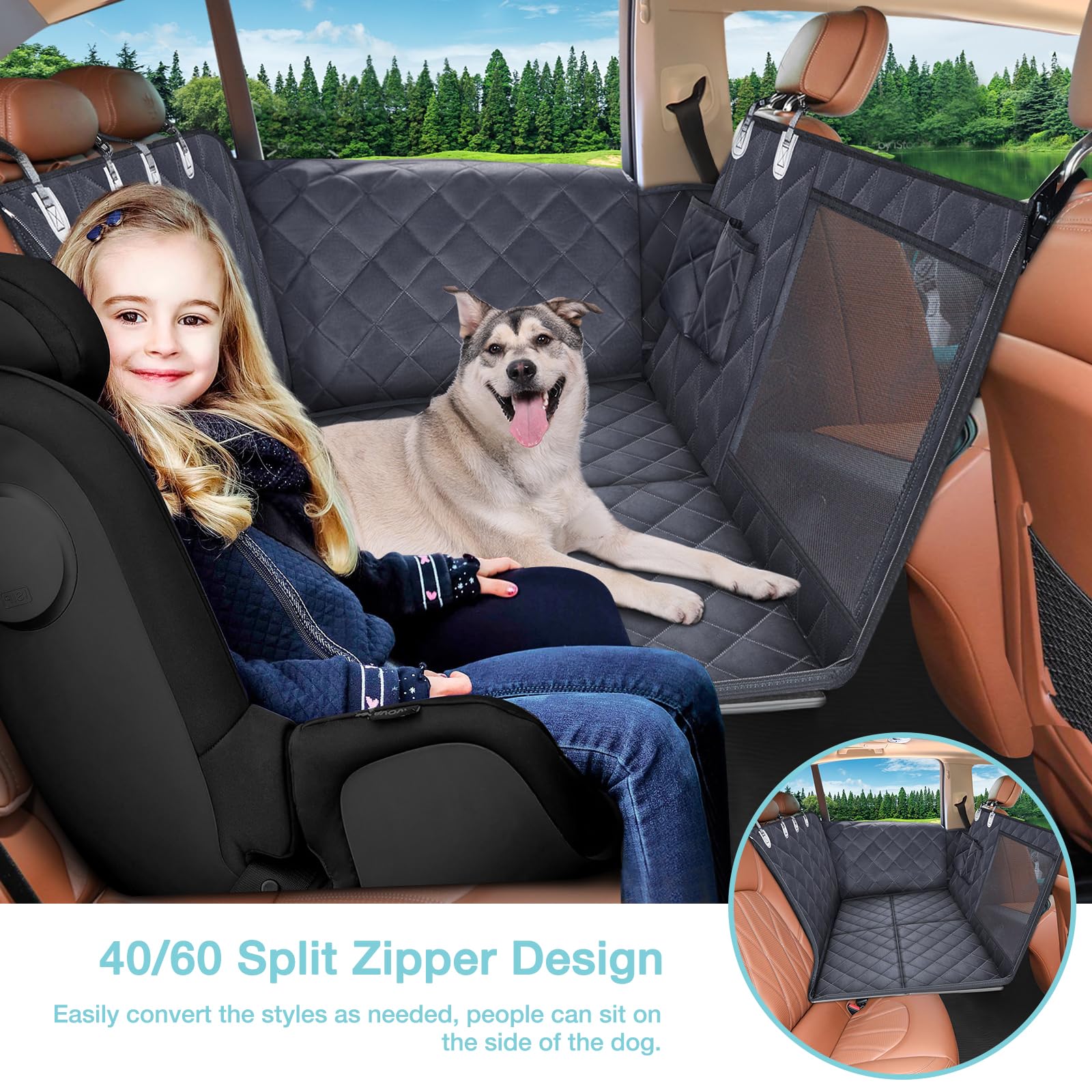 Hard Bottom Dog Seat Cover For Back Seat With Mesh Window & Door Protector + 2 Dog Seat Belts - Heavy Duty Pet Seat Protector Wi