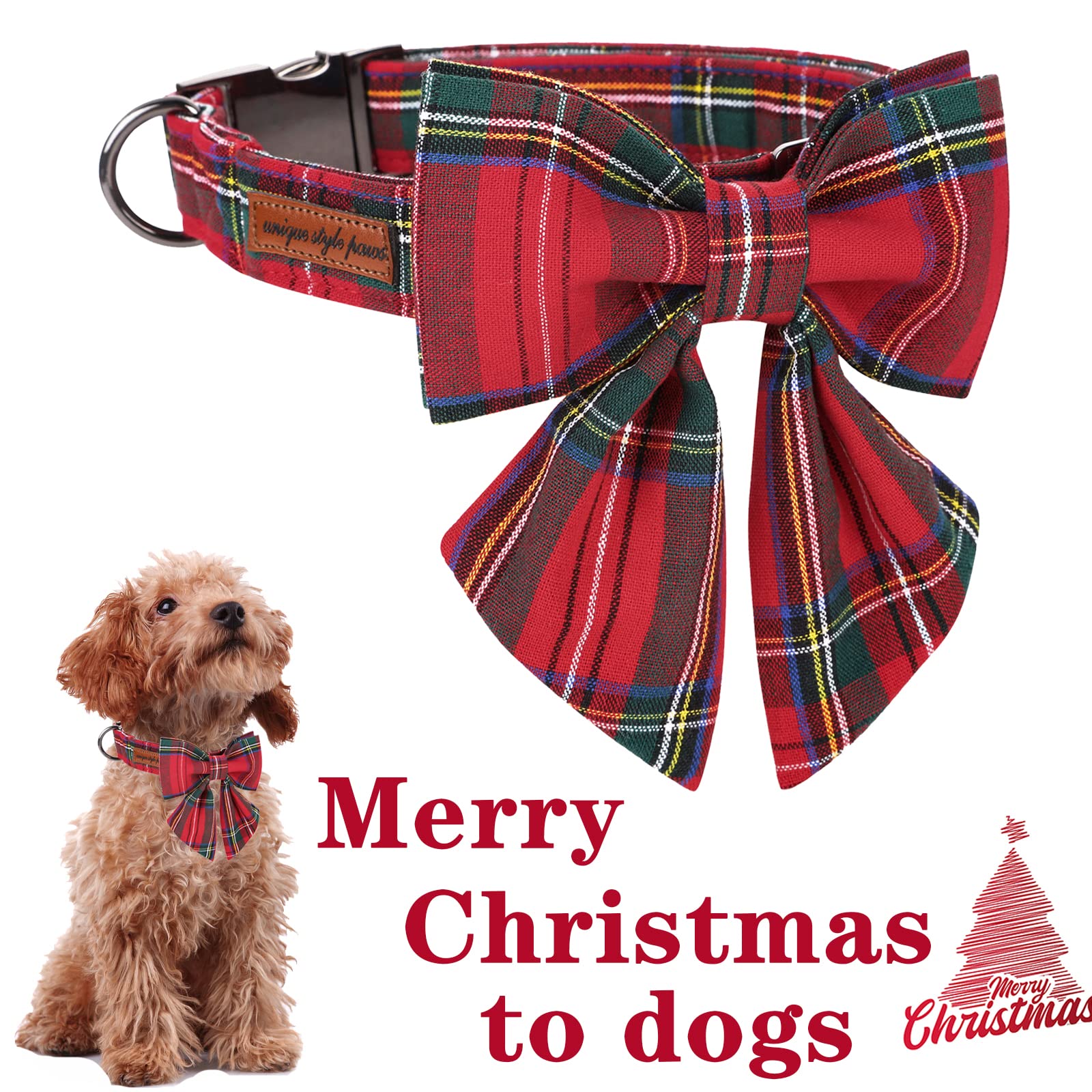 Unique Style Paws Christmas Dog Collar With Bow Tie Red Plaid Puppy Collar For Small Medium Large Dogs As Autumn Winter Gifts -Xs