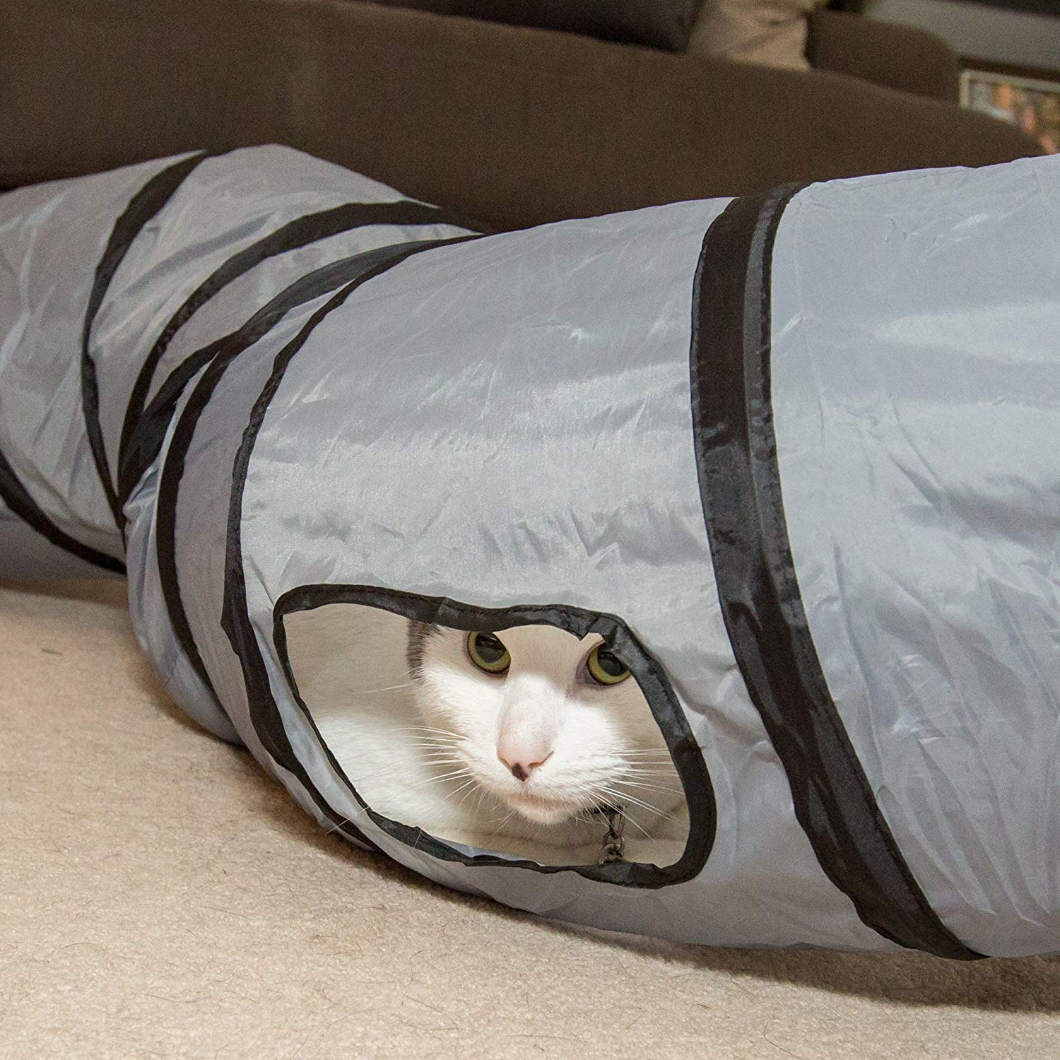 PetLike S Way Cat Tunnel Collapsible Pop-up Pet Tube Hideaway Play Toy with Ball (S-Way, Grey and Green)