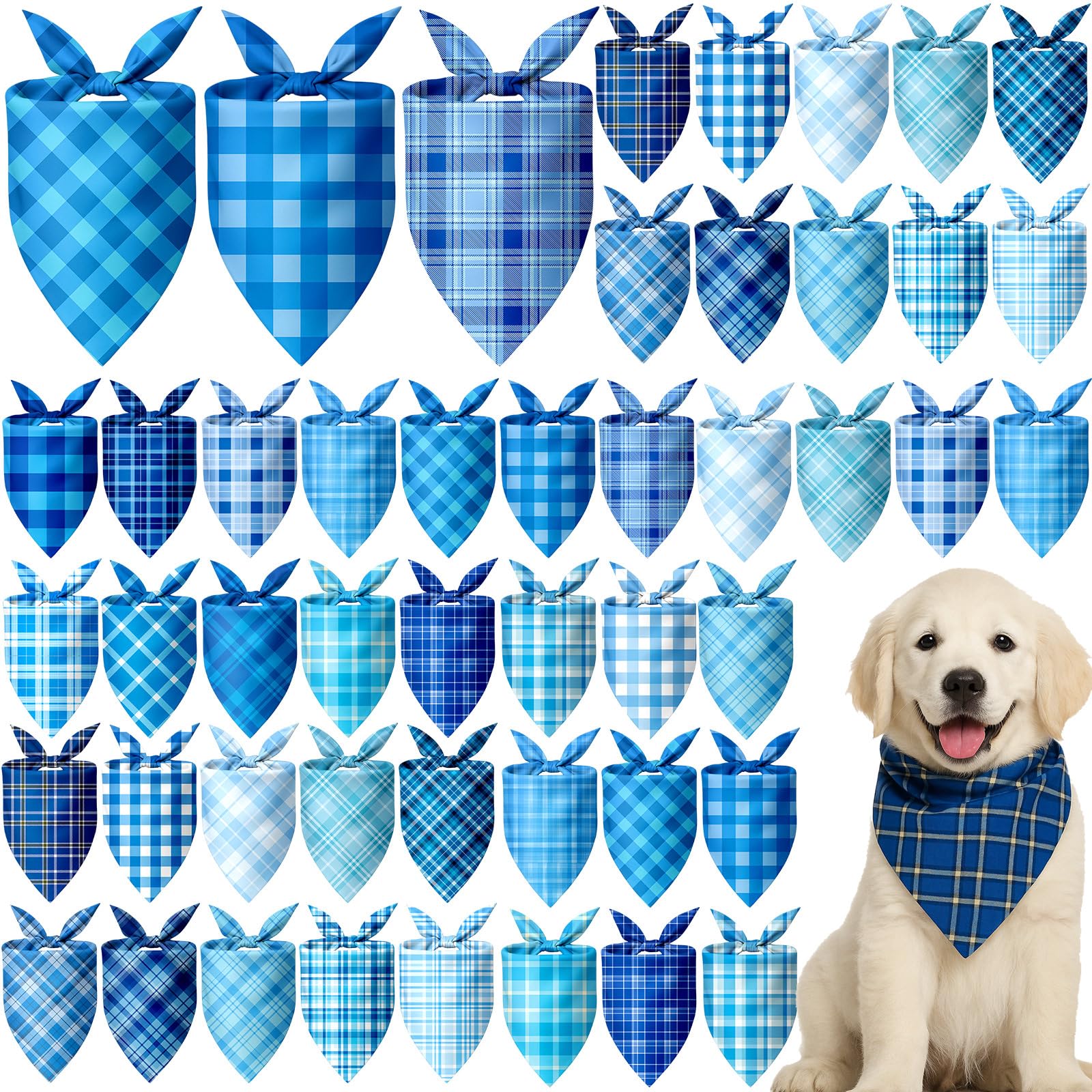 Abbylike 50 Pcs Plaid Dog Bandanas Bulk Blue Checkered Bandanas for Dogs Triangle Kerchief Bibs Scarf Set for Pet Holiday Costum