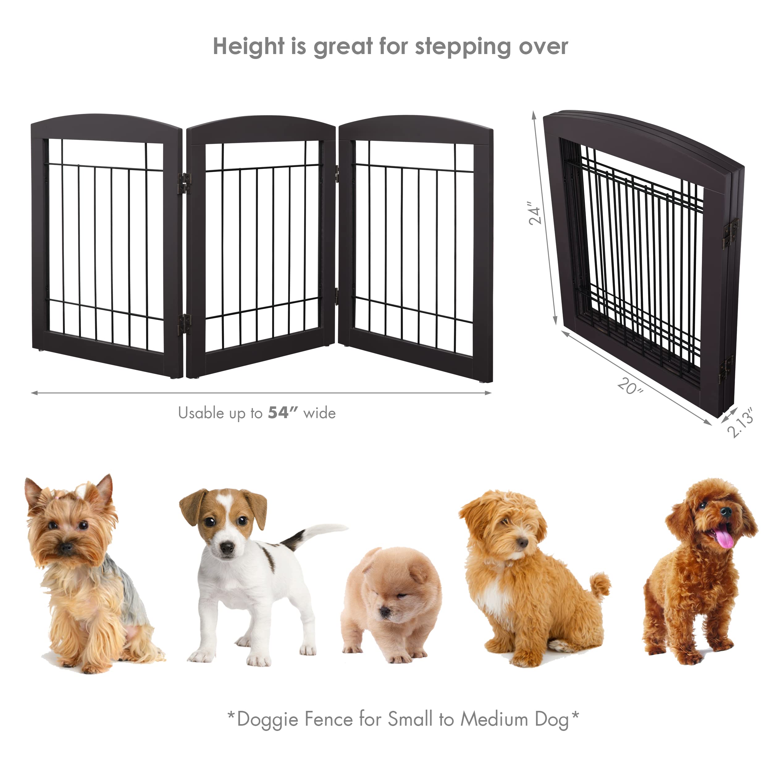 Pawland Wire Free Standing Pet Gate For Dogs, Foldable Dog Gate For The House Indoor, Step Over Pet Puppy Safety Fence, Doorway, Stairs, 80 Inch Wide, 24' Height 3 Panels, Espresso