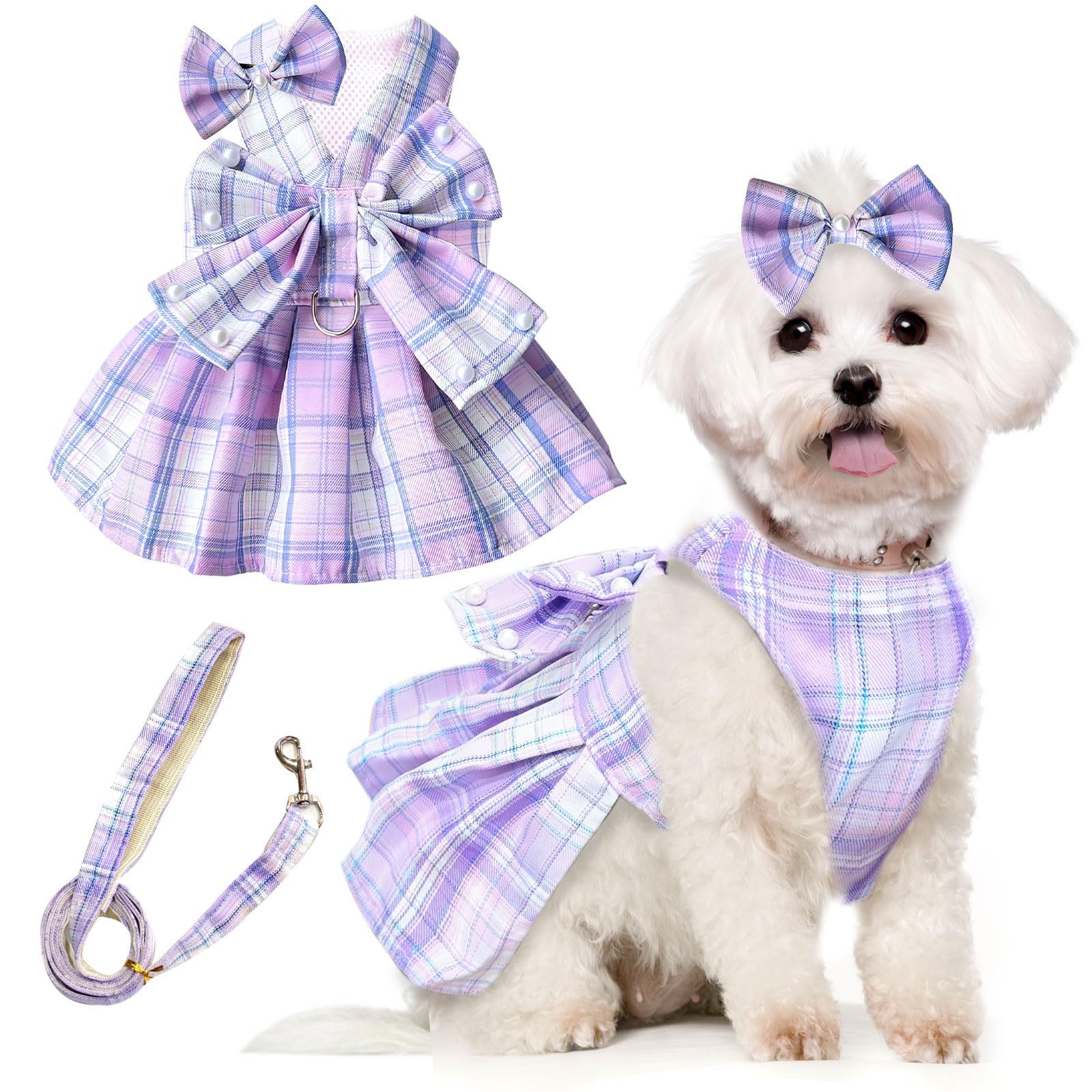 Petcare Cute Dog Dress Clothes For Small Dogs Cats Girl Female Purple Plaid Bow Tie Dog Harness Dresses Leash Set With Pearls Bo