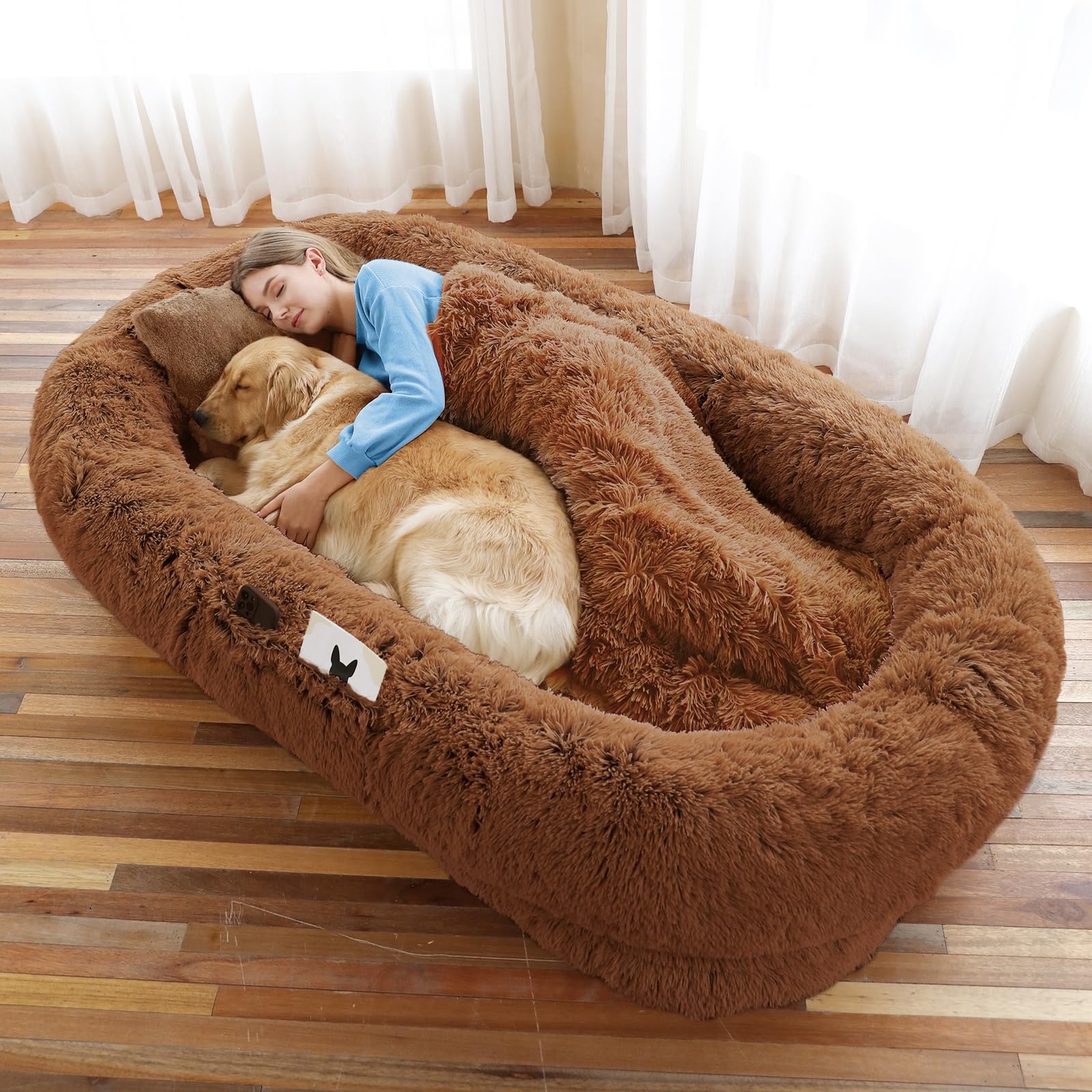 Human Dog Bed, Brown, 71''X45''X12'' Size Fits You And Pets, Washable Faux Fur Dog Bed For People Doze Off, Napping Orthopedic D