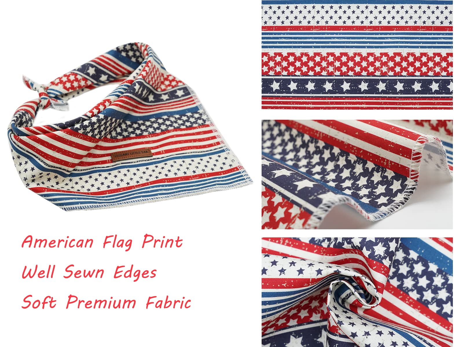 Elegant Little Tail American Flag Dog Bandana, Soft Adjustable Square Kerchief For Medium To Large Dogs