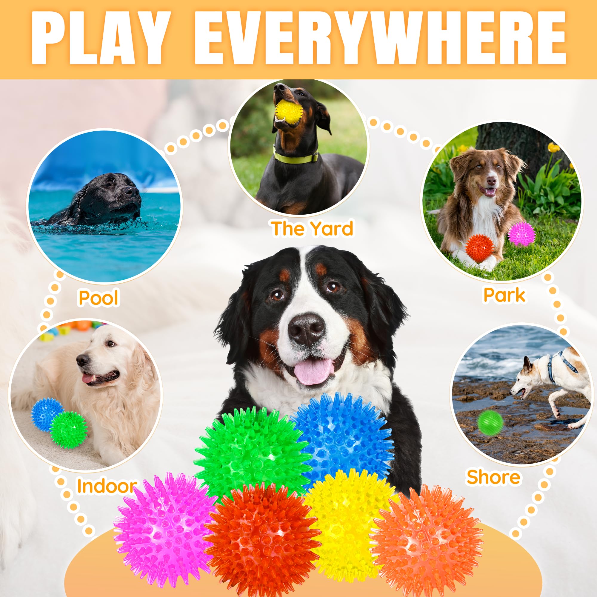 LECHONG 6-Pack 3.5    Squeaky Dog Balls, Durable Soft Spiky Chew Rubber Fetch Toy Balls for Large Medium Aggressive Chewers Teet