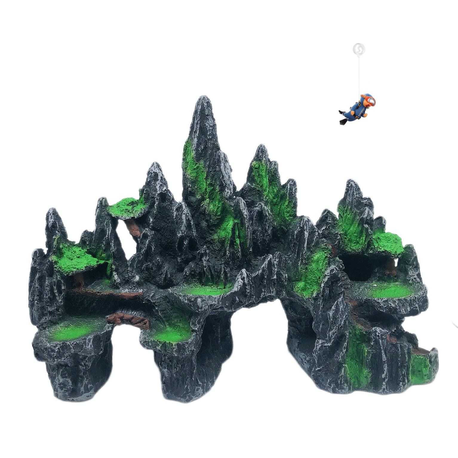 Awxzom Extra Large Aquarium Decorations, Big Mountain View Aquarium Ornaments, Large Fish Tank Decorations, Come With 1 Little Diver And 2X 4Inch Aquarium Plastic Plants (Extra Large Mountain)