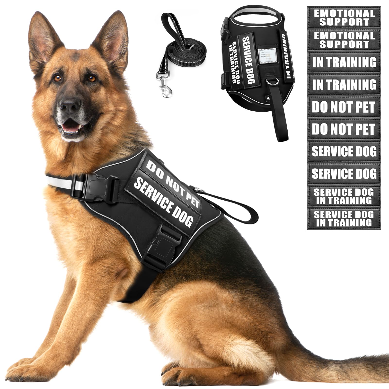 Service Dog Harness and Leash Set, Training Dog Vest with 10 Dog Patches, Emotional Support Therapy Dog Vest Harness for Small M