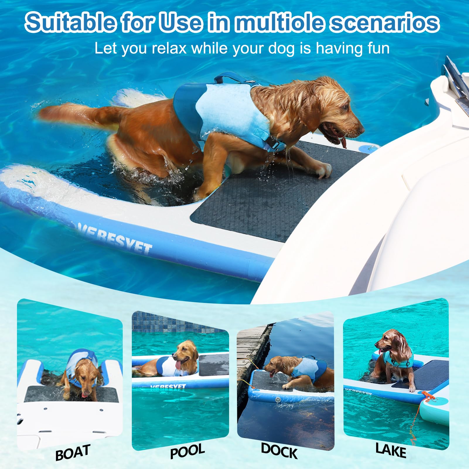 VEBESYET Inflatable Dog Water Ramp - Non-Slip EVA, 47.3"x39.4"x4", Supports 180LBS, Blue, Model VE-005 for Pools