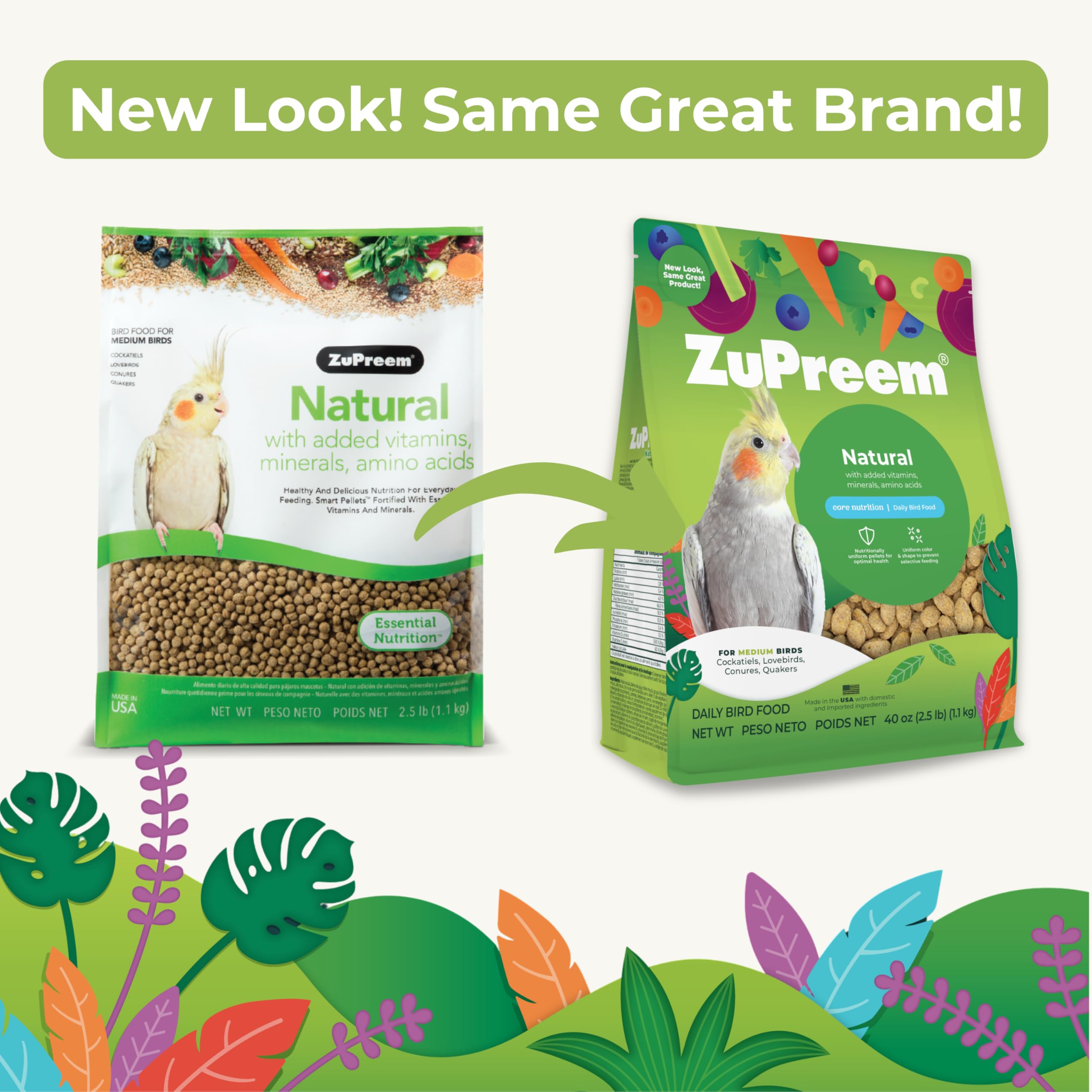 ZuPreem Natural Pellets Bird Food for Medium Birds, 2.5 lb (Pack of 2) - Daily Nutrition, Made in USA for Cockatiels, Quakers, L