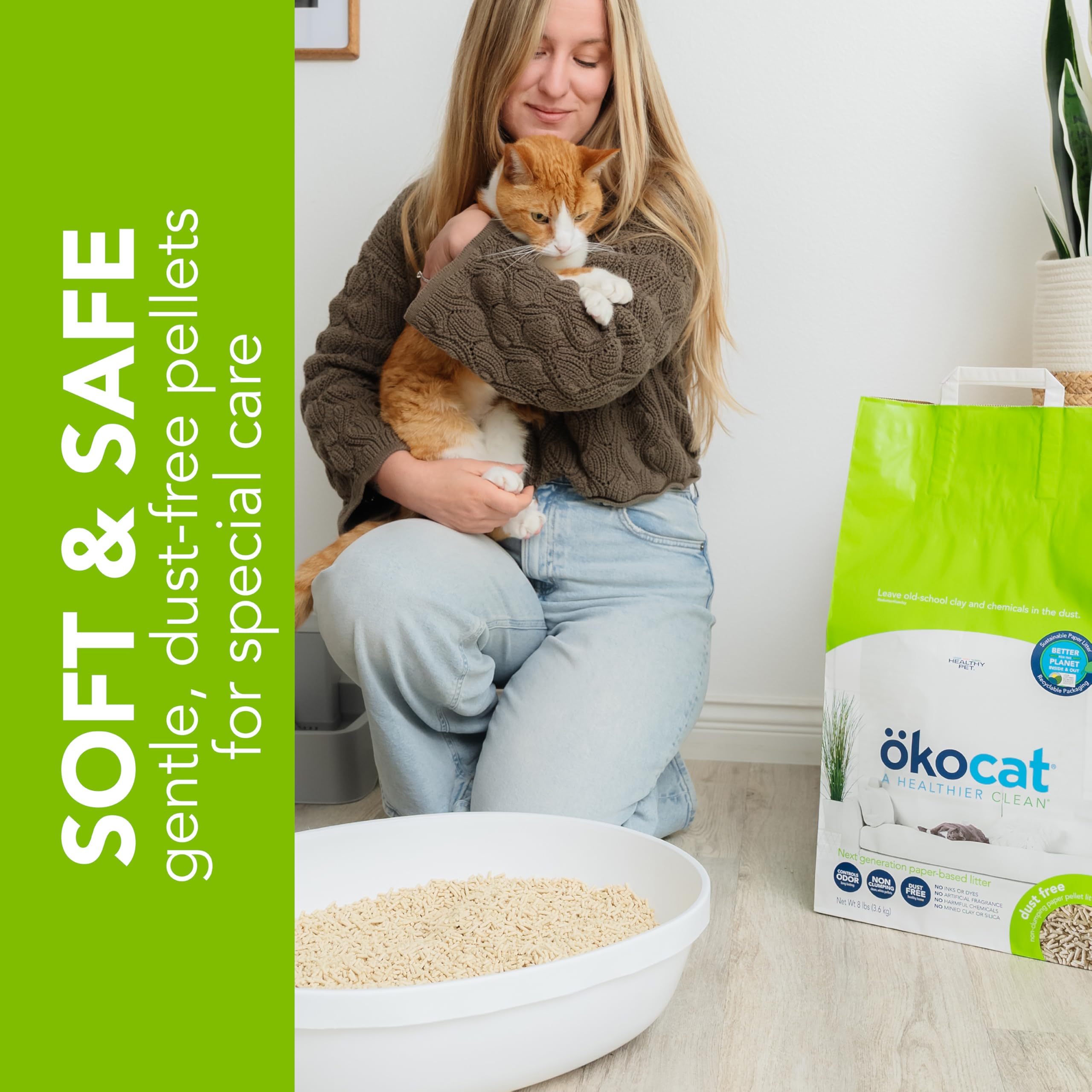ÖKOCAT Dust Free Cat Litter, Unscented Paper Pellets, 8 lbs - White, Natural Ingredients, Odor Control, Ideal for Allergies