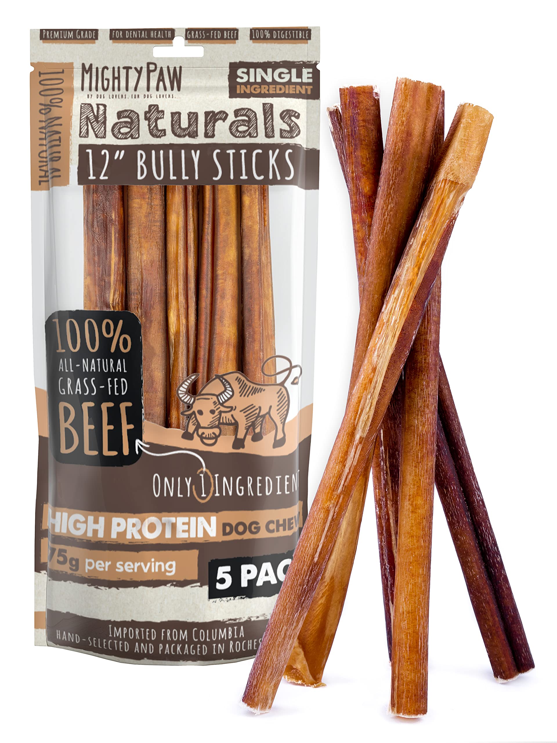 Mighty Paw Naturals 12 Bully Sticks for Dogs - Grass Fed Beef Dog Chews. Dog Bully Sticks for Large Dogs, Medium and Small Breed