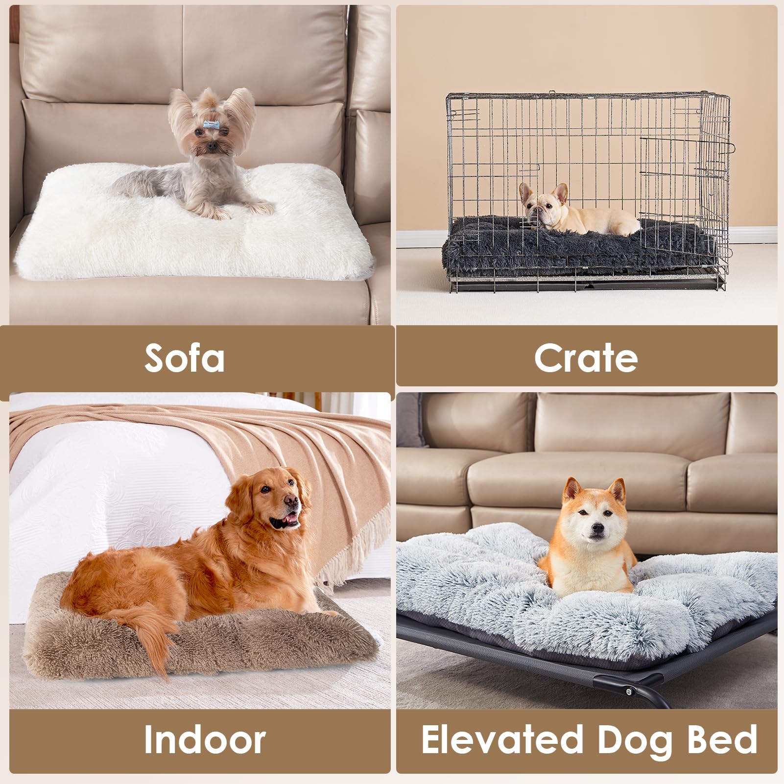 Eheyciga Fluffy Dog Crate Bed For Medium Dogs, Plush Faux Fur Dog Crate Pad, Calming Anti Anxiety Medium Dog Bed For Crate, Washable Soft Warm Dog Crate Mat With Non-Slip Bottom, Beige, 29.5 X 20