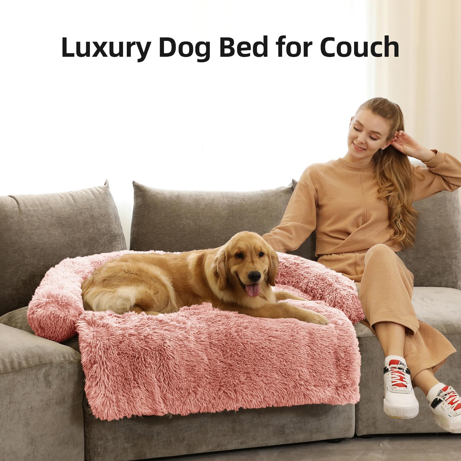 GGIB Calming Dog Bed - Fluffy Plush Mat, Removable Washable Cover, Extra Large 53"x39.3"x6", Pink for Dogs and Cats
