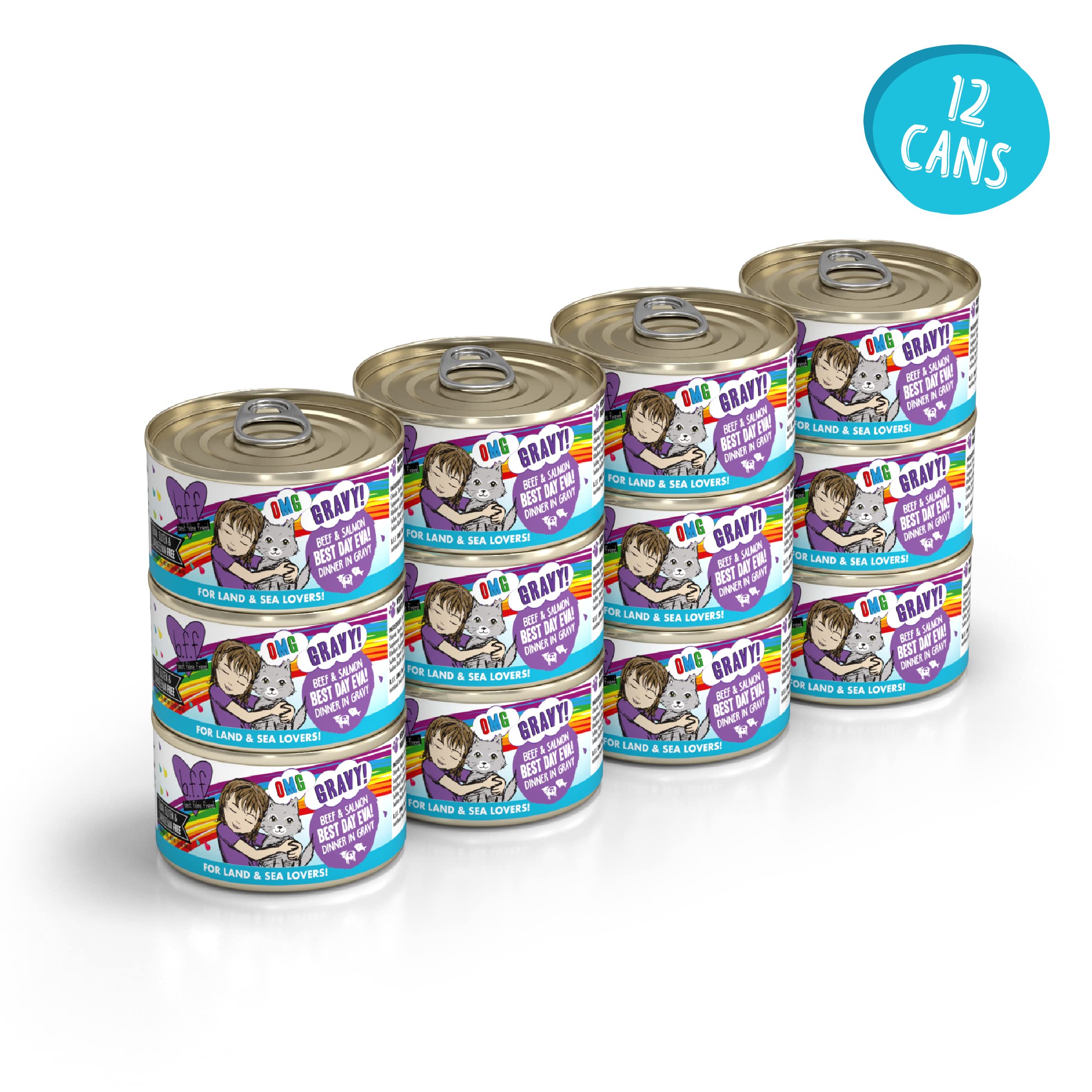 Weruva B.F.F. OMG - Best Feline Friend Oh My Gravy!, Best Day Eva! with Beef & Salmon in Gravy Cat Food, 2.8oz Can (Pack of 12)