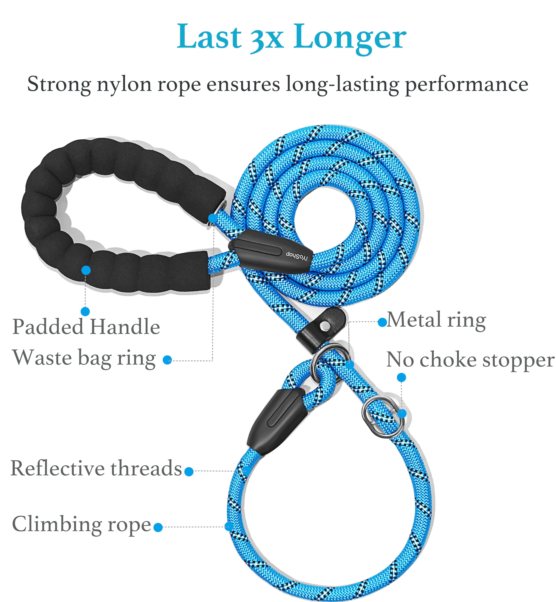iYoShop Durable Slip Lead Dog Leash with Padded Handle and Highly Reflective Threads, No Pull Dog Training Leash, (1/2 x 6 FT, B