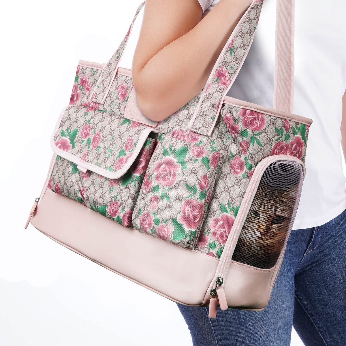 Johomviin Dog Carrier, Cat Carrier, Pet Carrier, Foldable Waterproof Premium Pu Leather Oxford Cloth Dog Purse, Portable Tote Bag Carrier For Small To Medium Cats And Small Dogs (Flower Pattern)