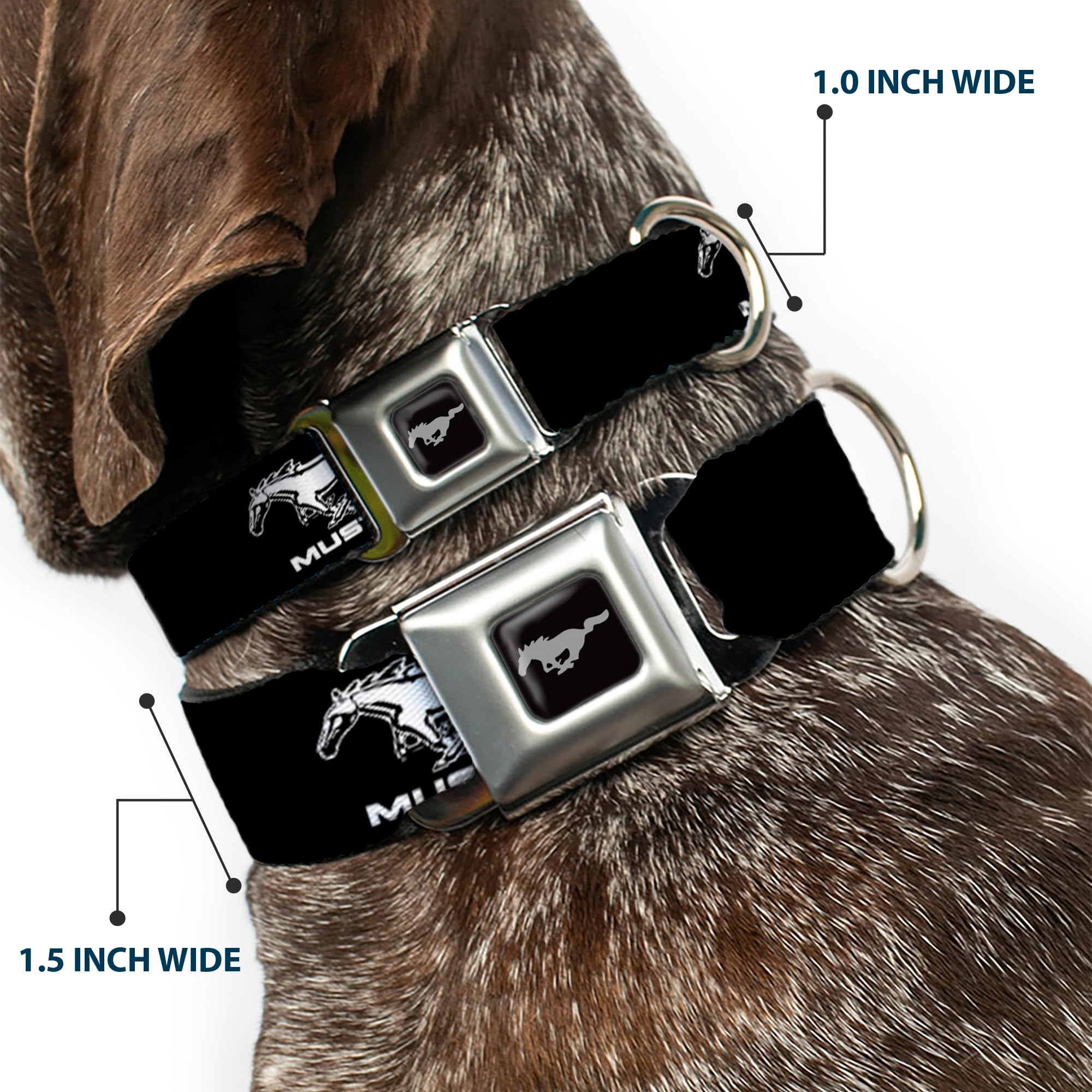 Buckle-Down Dog Collar Seatbelt Buckle Ford Mustang Black White Logo Repeat, 1.5 Wide - Fits 18-32 Neck - Large (Dc-Wfm001-W