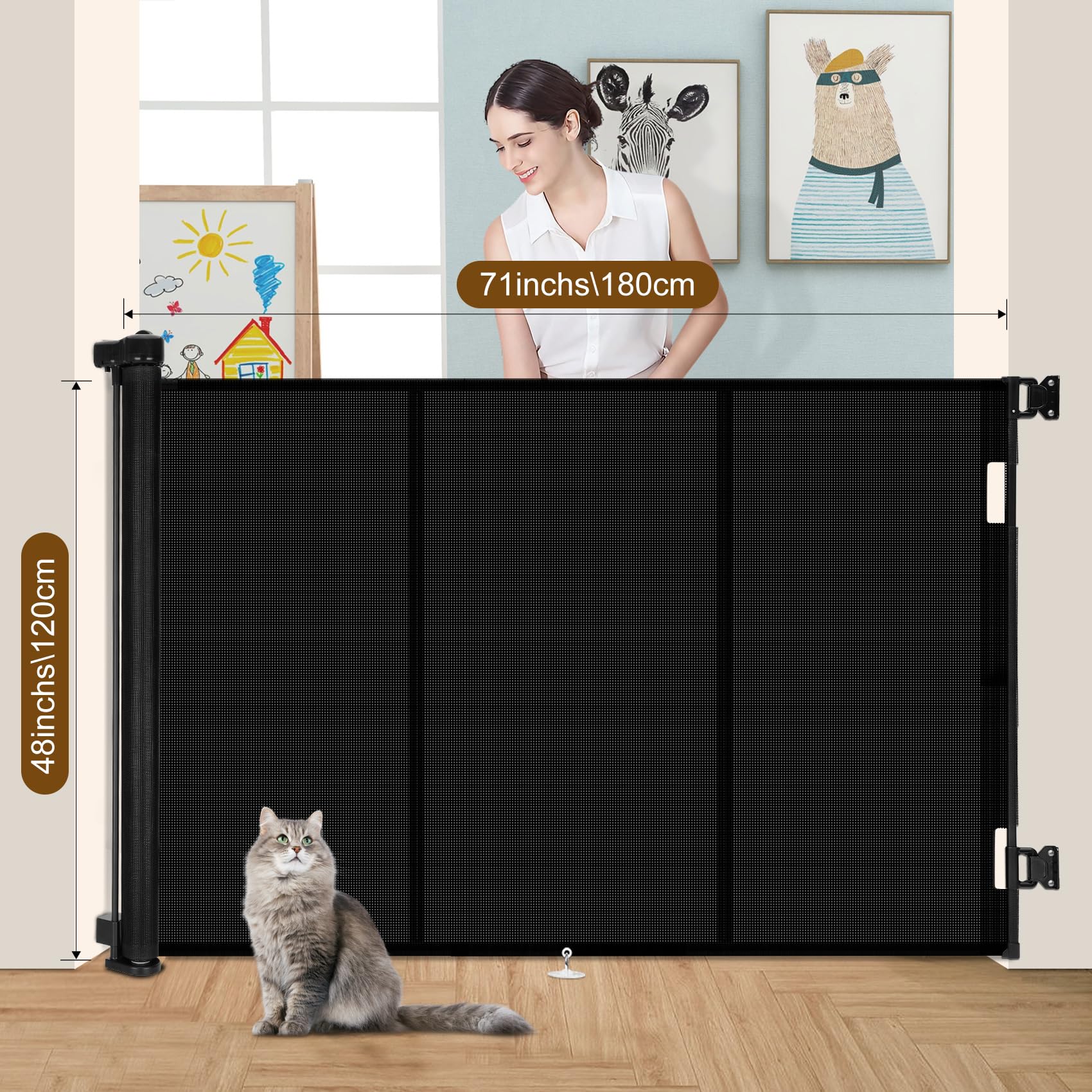 Miumoon Upgrade 71' Retractable Baby Gates With Reinforced Strip Design To Prevent Crawling Through, 48' Tall Retractable Gate For Baby And Pet, 6 Ft Baby Gates For Stairs, Doorways, Hallways(Black)