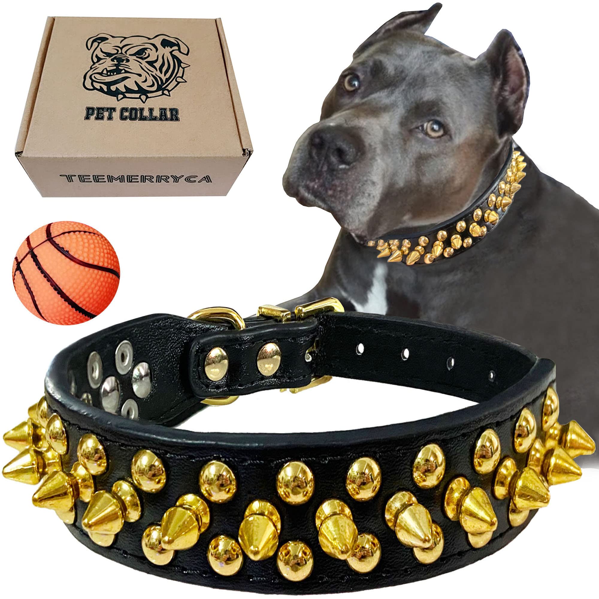 Teemerryca Black Leather Dog Collar With Gold Spikes For Male Small Medium Large Pets, Pit Bulls/Bulldog, Keep Dog Safe From Grabbing By Huge Dogs, M(12'-15')