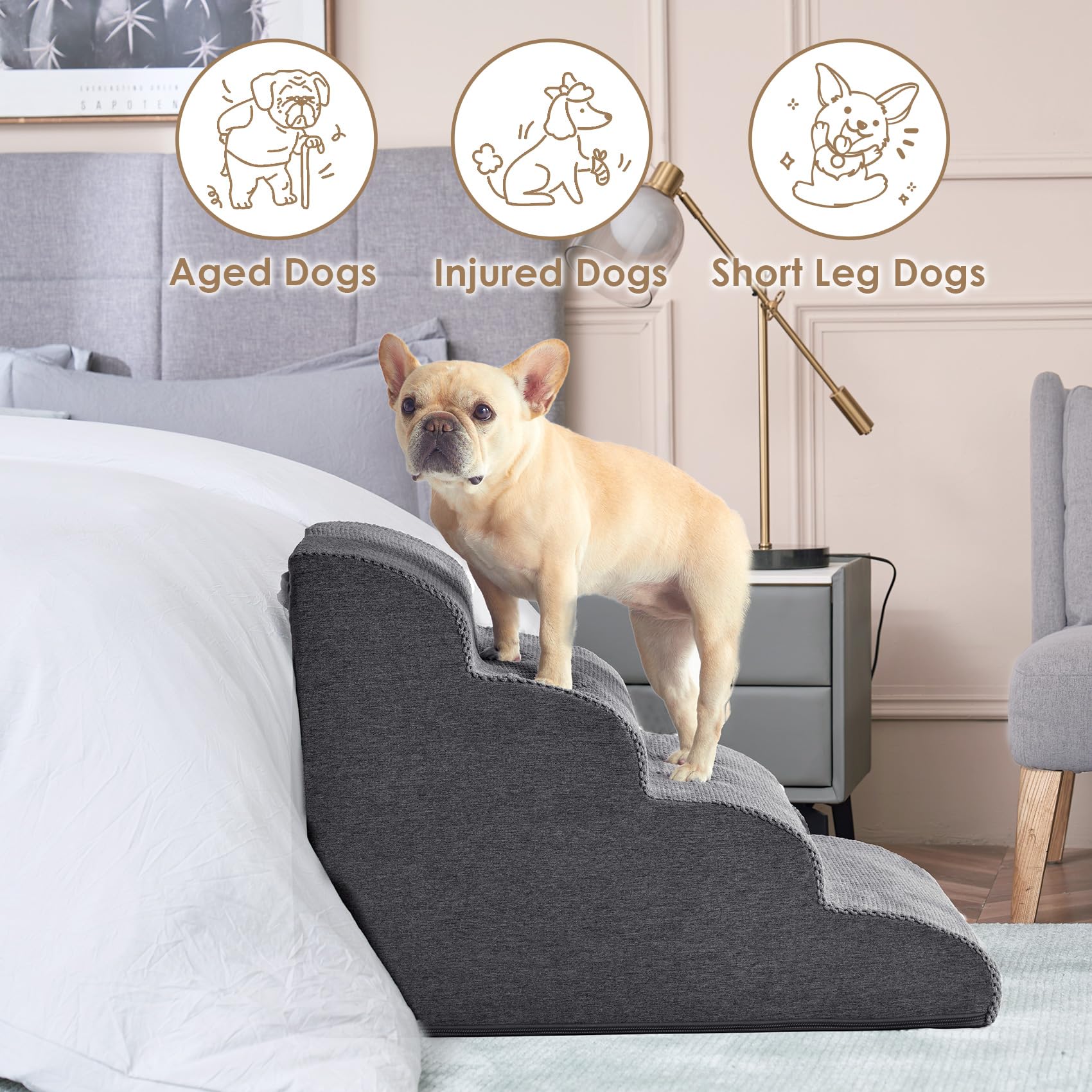 Eheyciga Curved Dog Stairs Ramp For High Beds 19.7' H, 4-Step Dog Steps For Small Dogs And Cats, Pet Stairs For High Bed Climbing, Non-Slip Balanced Pet Step Indoor, Grey