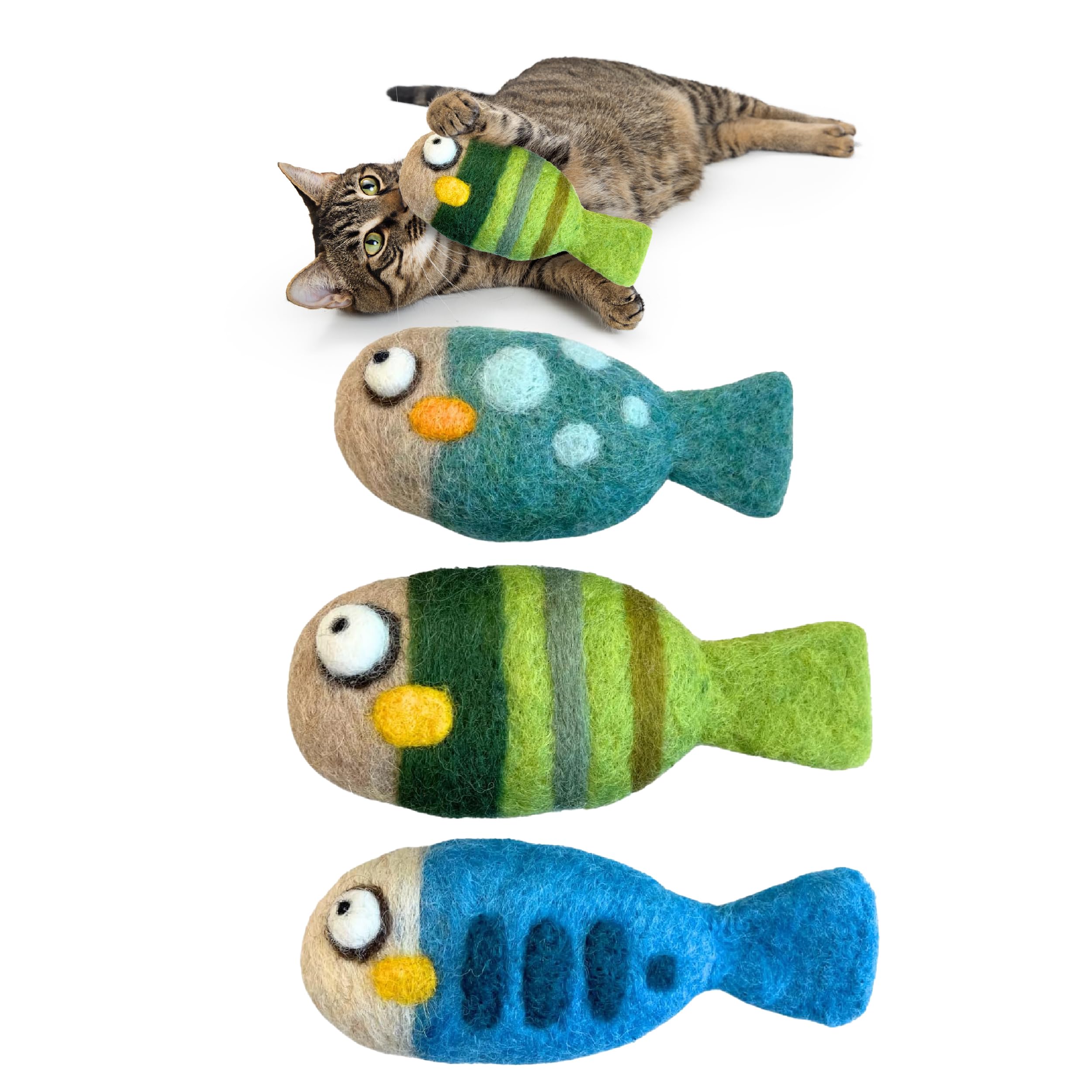 Woolbuddy ???????????? ?????????????? ?????? ?????? ?????????????????? Diy Cat Toys Set (3-Pack) - Handmade Felted Fish, Wool Fe