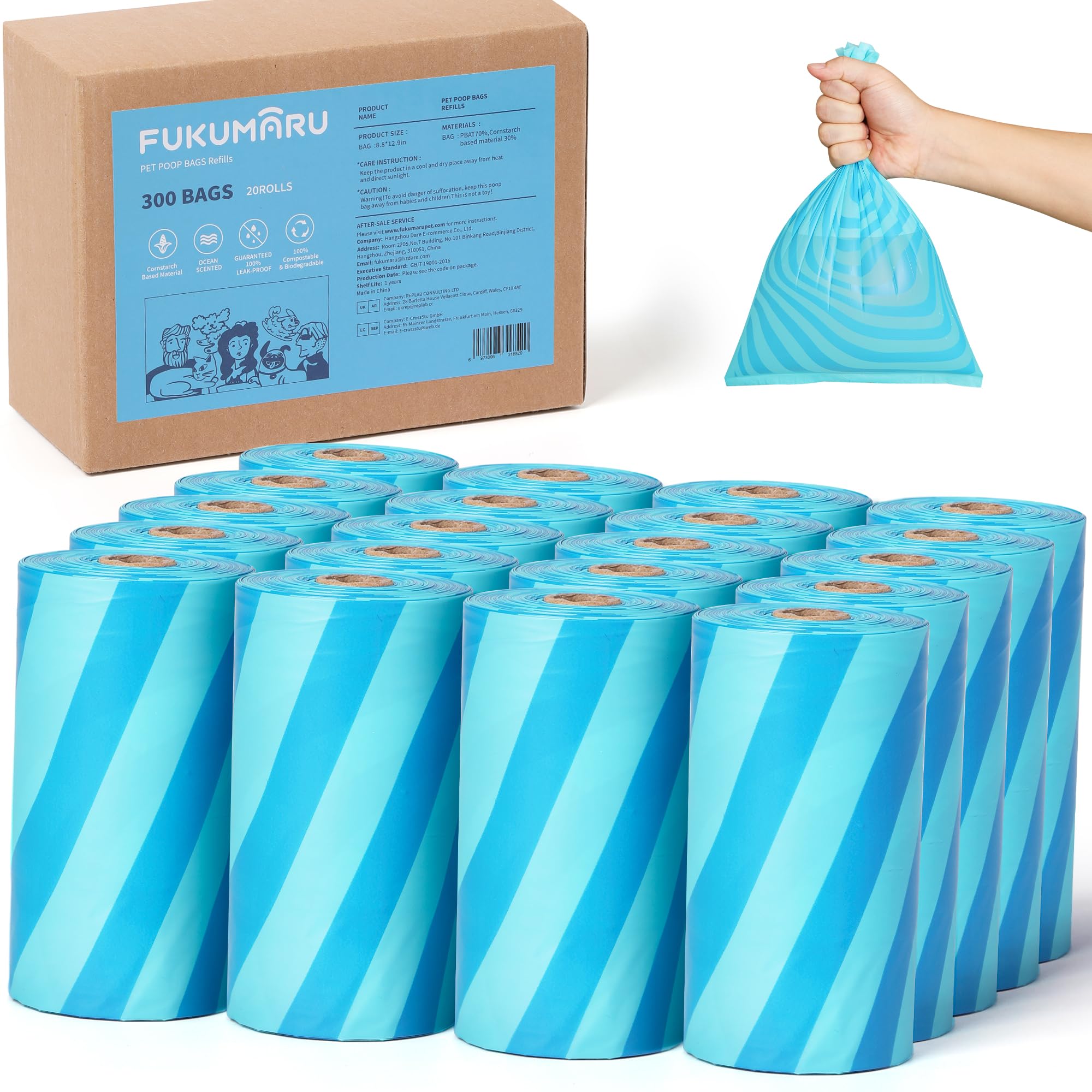 Fukumaru Compostable Pet Poop Bag 300 Count - Astm D6400 Certified Pet Waste Bags, Light Ocean Scented & Leakproof With Easy-Twi