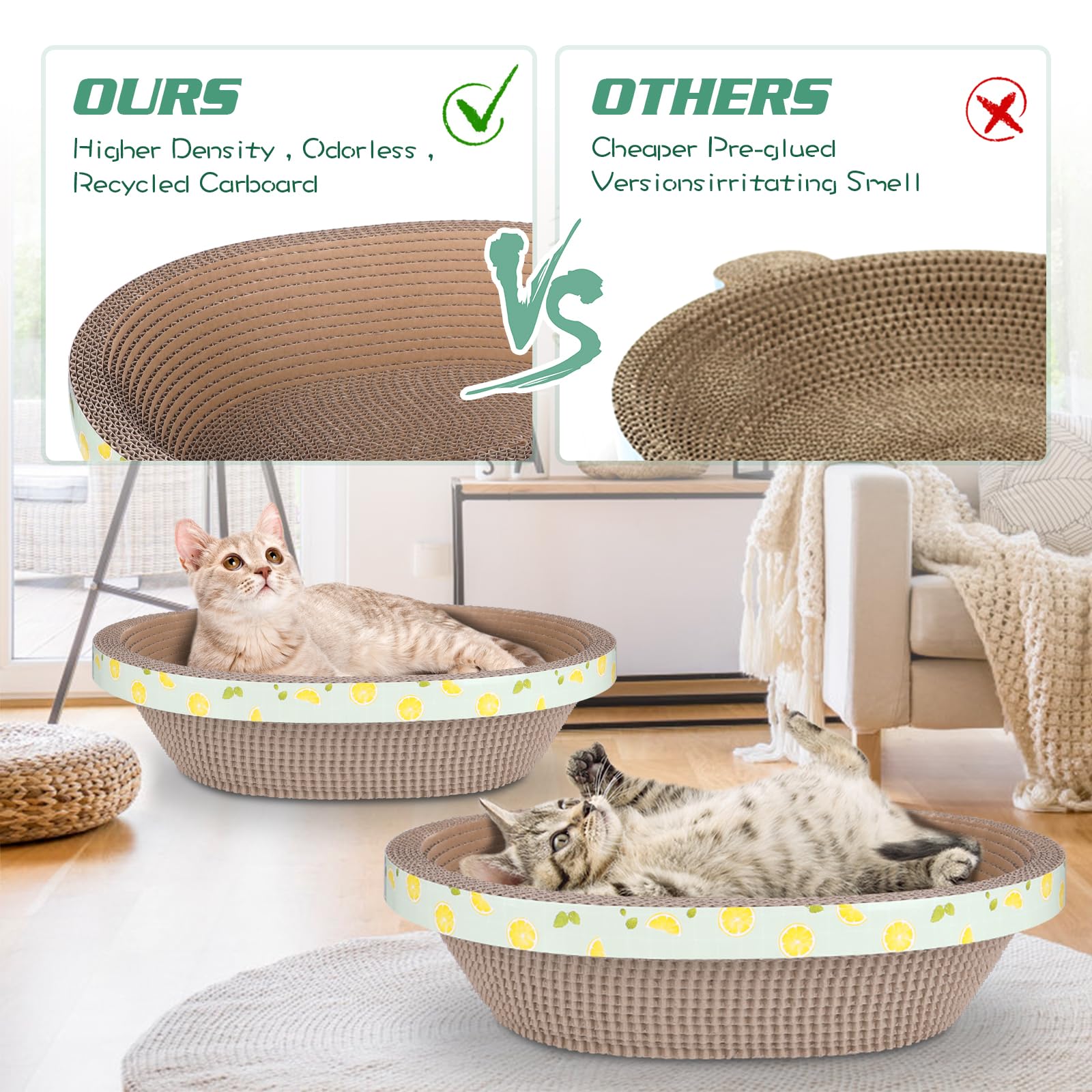 2Pc Set Includes 1 X 19.5 Large + 1 X 14.96 Cute Cat Scratcher Cardboard Bed Lounger Couch, Cat Scratching Board Lounge Box Dura