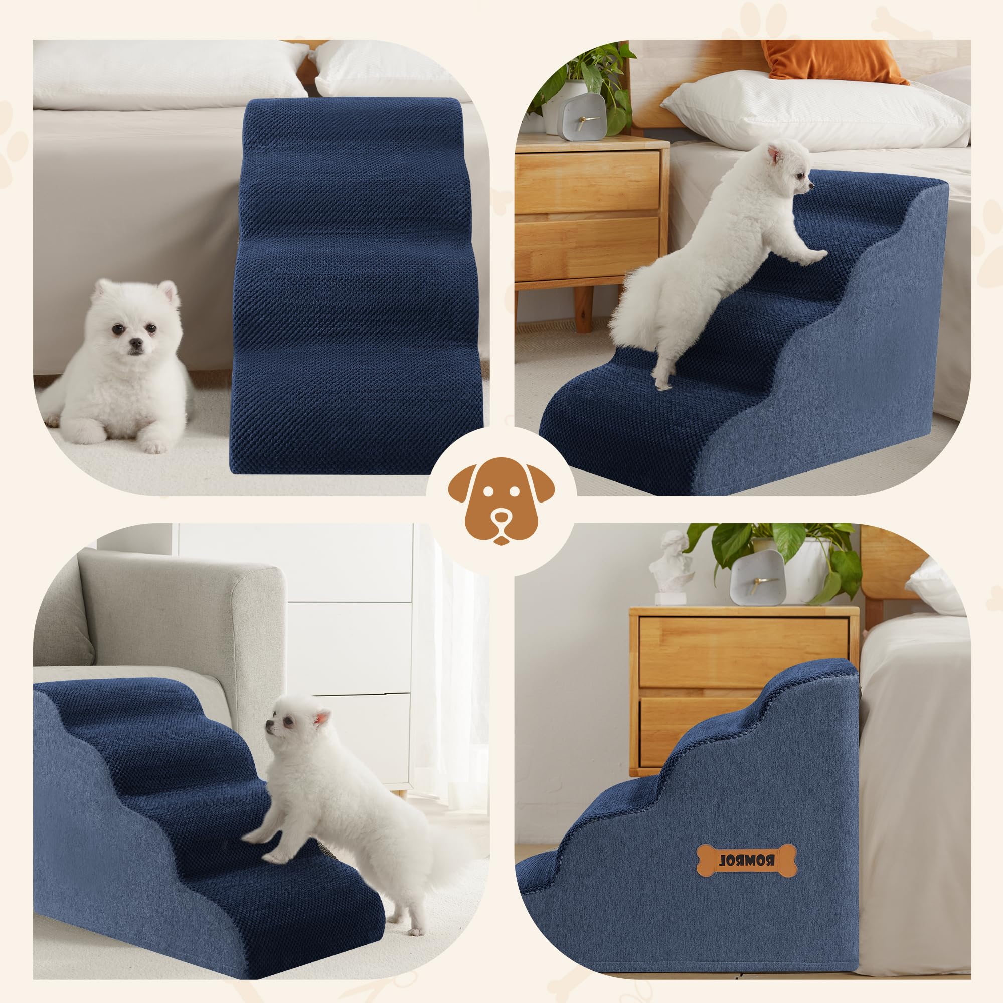 Dog Stairs, Romrol Dog Steps Ramp for High Bed and Couch, Dogs Ramp with Durable Non-Slip Waterproof Fabric Cover, Pet Stairs fo