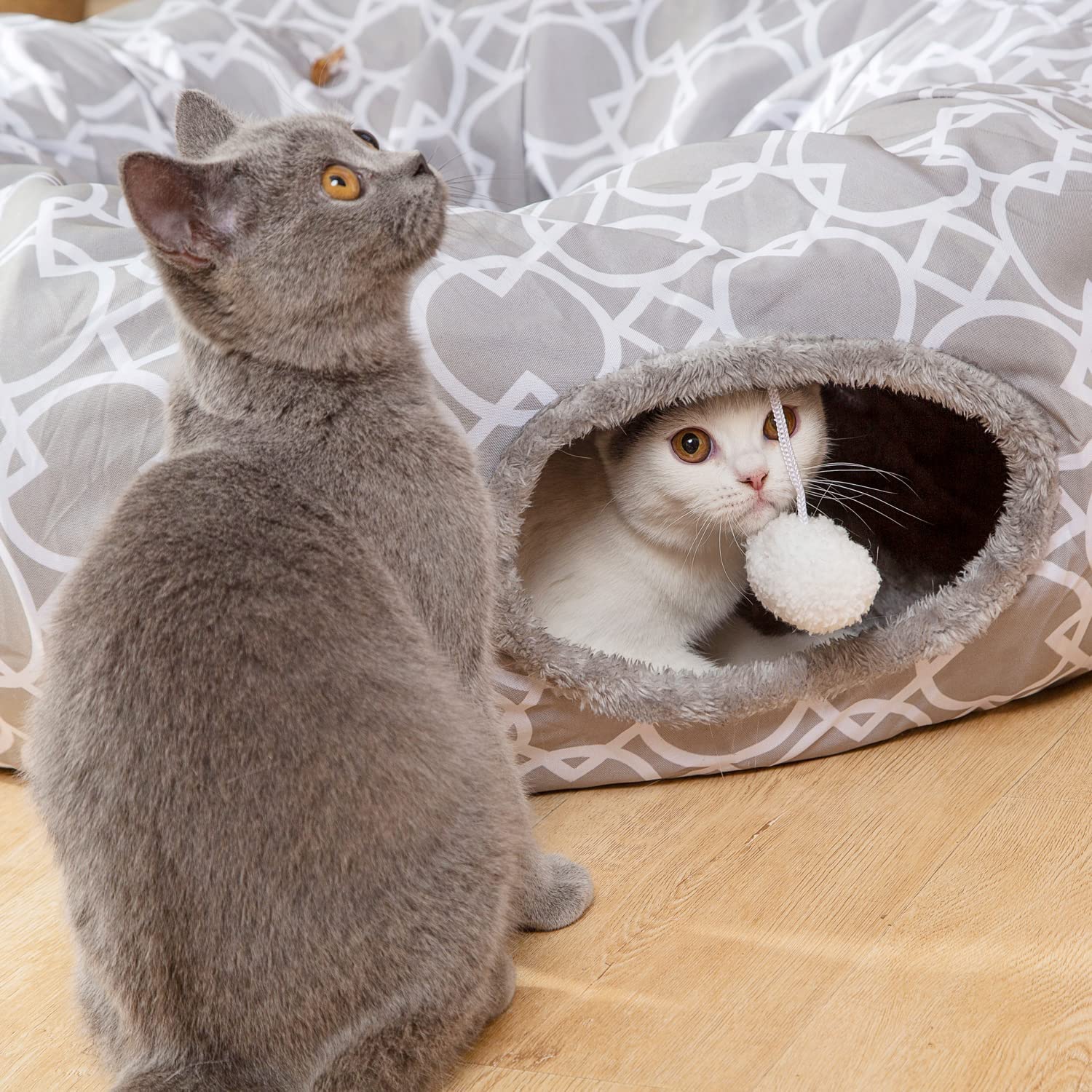 Luckitty Geometric Cat Tunnel Bed Oxford Outside With Plush Inside,Cats Toys Collapsible Tunnel Tube With Balls, For Rabbits, Ki