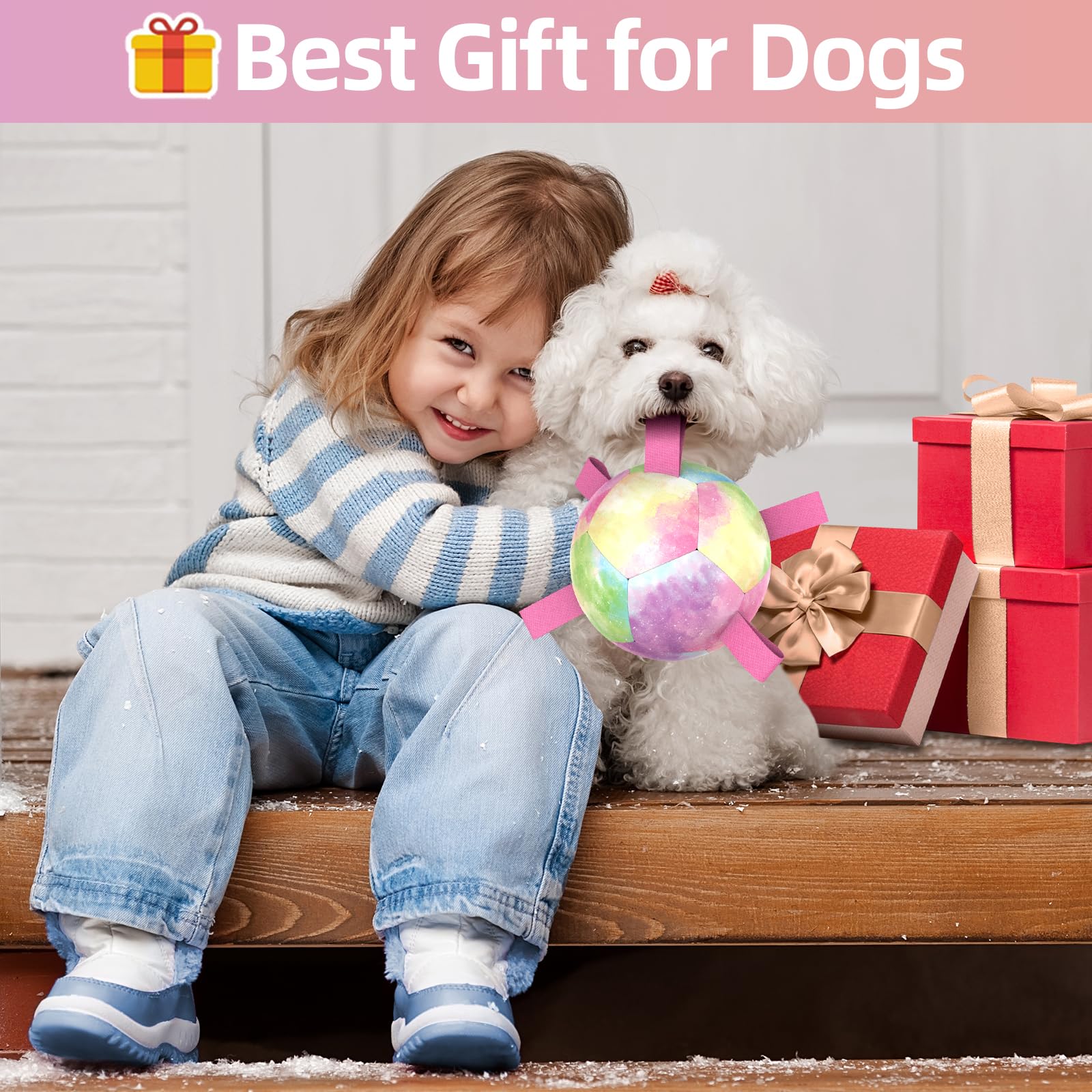 Qdan Dog Toys Soccer Ball With Straps, Durable Dog Balls For Tug Of War, Puppy Birthday Gifts, Dogs Water Toy Small Dogs-Rainbow