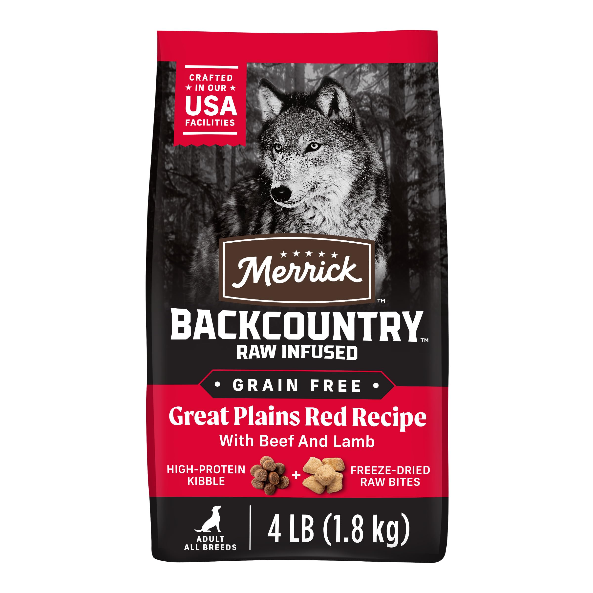 Merrick Backcountry Grain Free Dry Adult Dog Food Kibble With Freeze Dried Raw Pieces, Great Plains Red Recipe - 4.0 lb. Bag