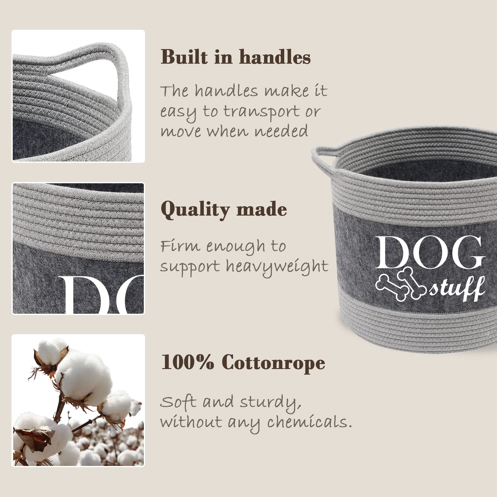 Morezi Cotton felt round dog toy box and dog toy basket storage with handle, doggie toy bin - Good idea for organizing pet toys,