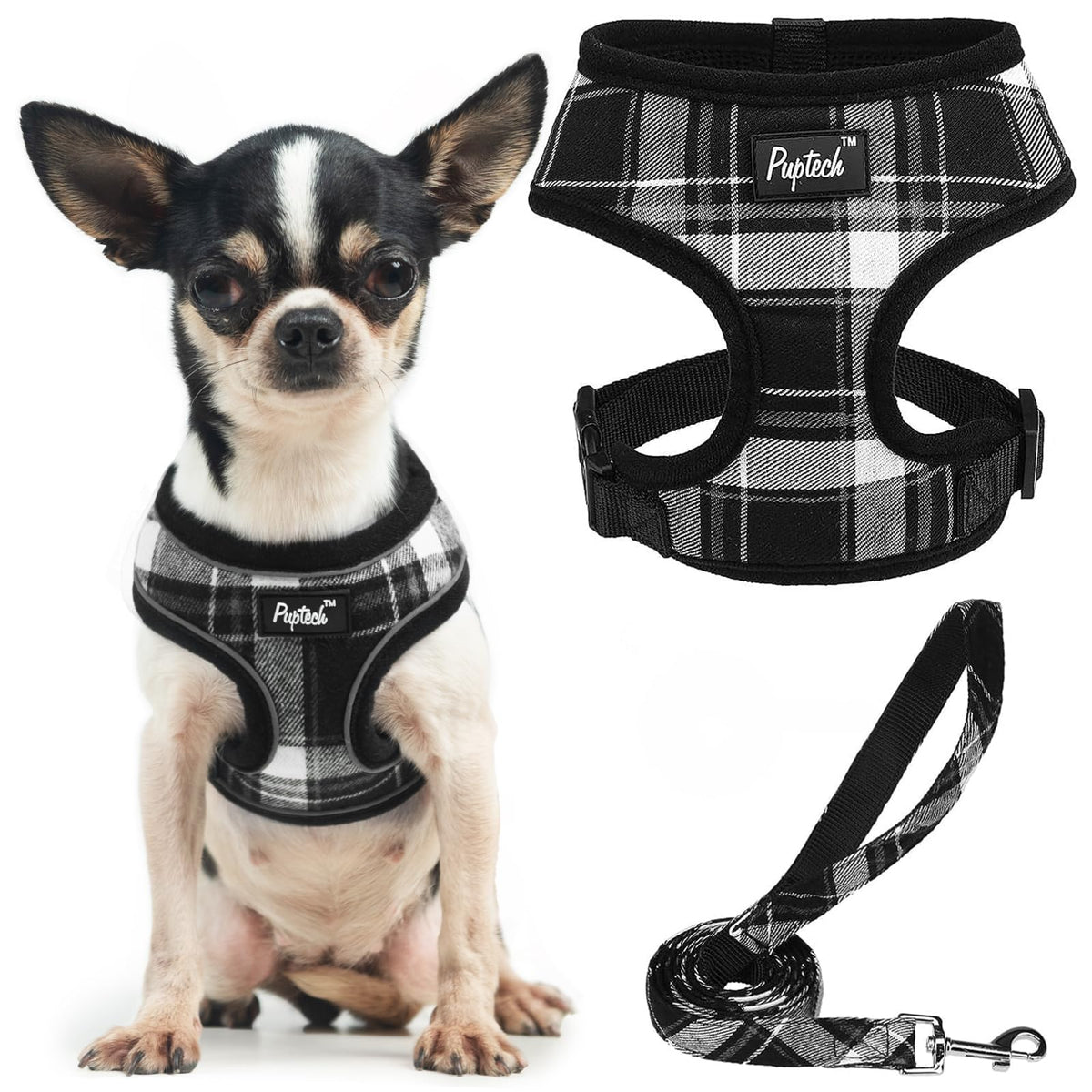 Pupteck Soft Mesh Dog Harness And Leash Set Pet Puppy Cat Comfort Padded Vest No Pull Harnesses, Black, Xs