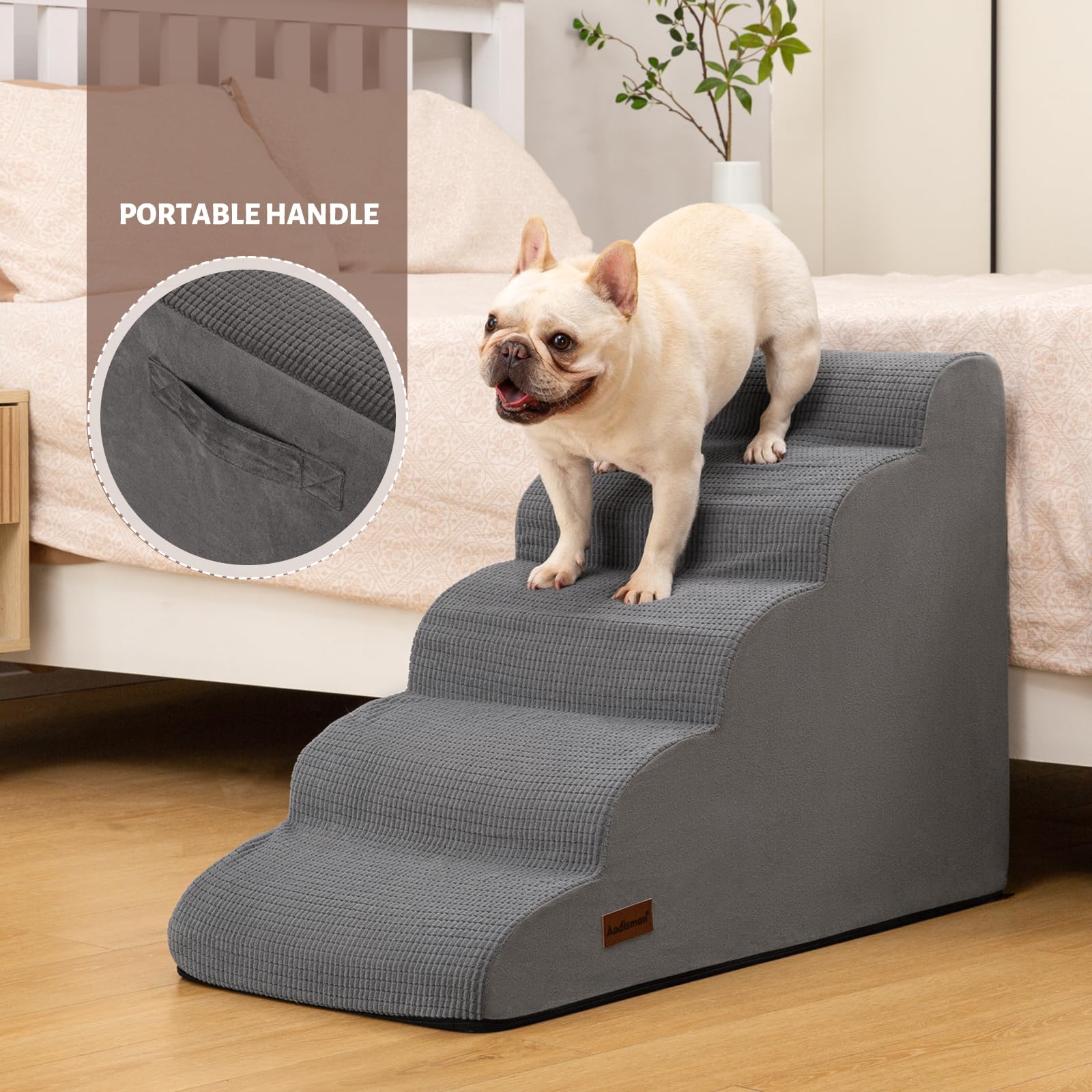 Aodisman 5-Step Dog Stairs and Ramp for High Bed, Non-Slip Sturdy Pet Steps for Small Dogs and Cats,22.2 H,Grey