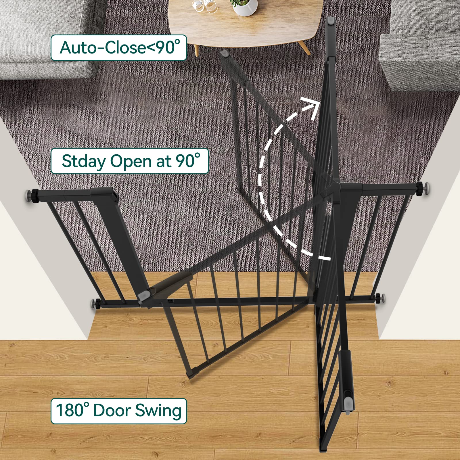 Babelio 36' Tall Baby Gate, 26-40' Wide Auto Close Pet Gate, Pressure Mounted Metal Dog Gate, Easy-Install No Drilling, No Tools Required, With Wall Protectors And Extension Kits, Black