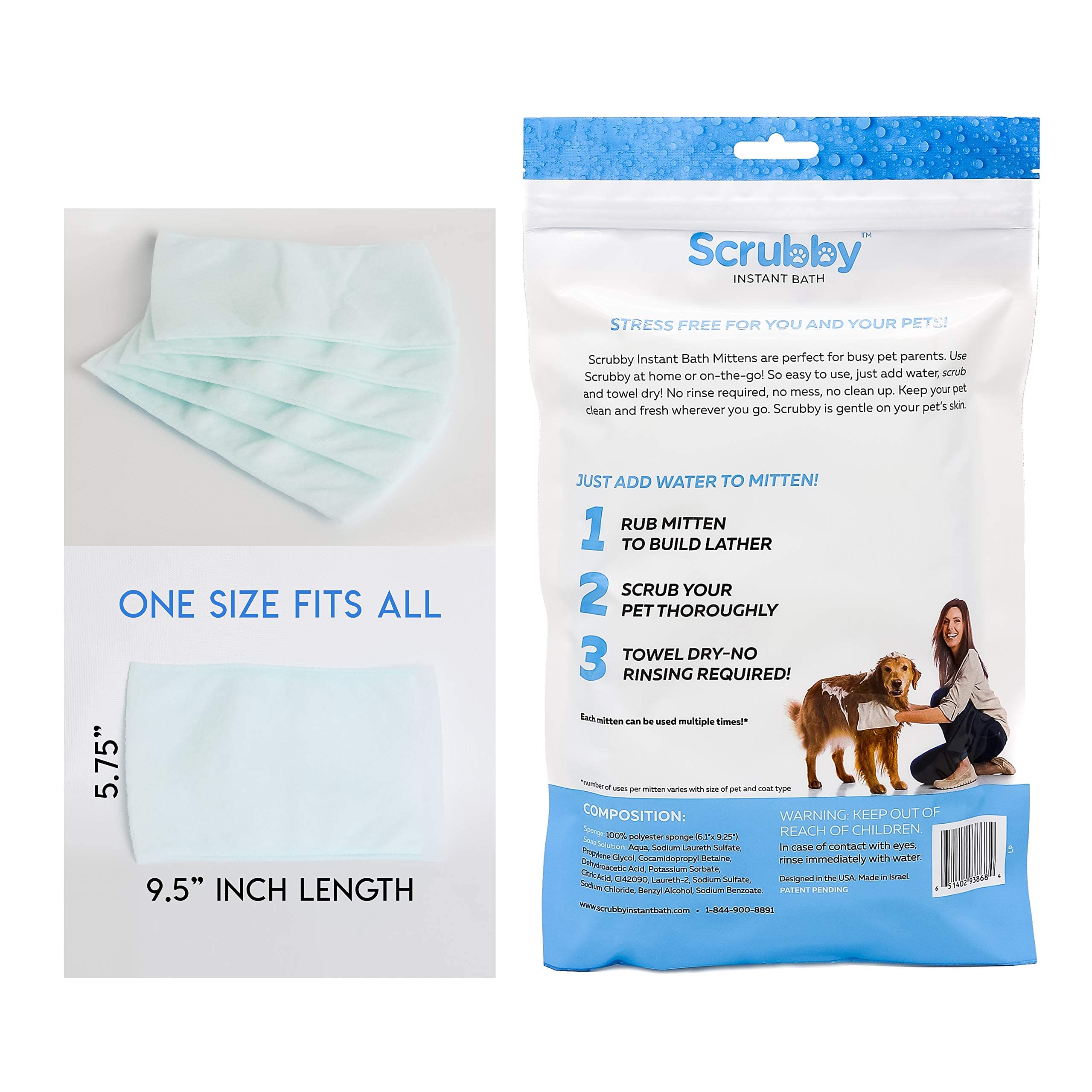 Scrubby Pet Wipes | Rinse Free Shampoo Mittens for Dogs & Cats | 5-Count | Hypoallergenic Bathing Solution