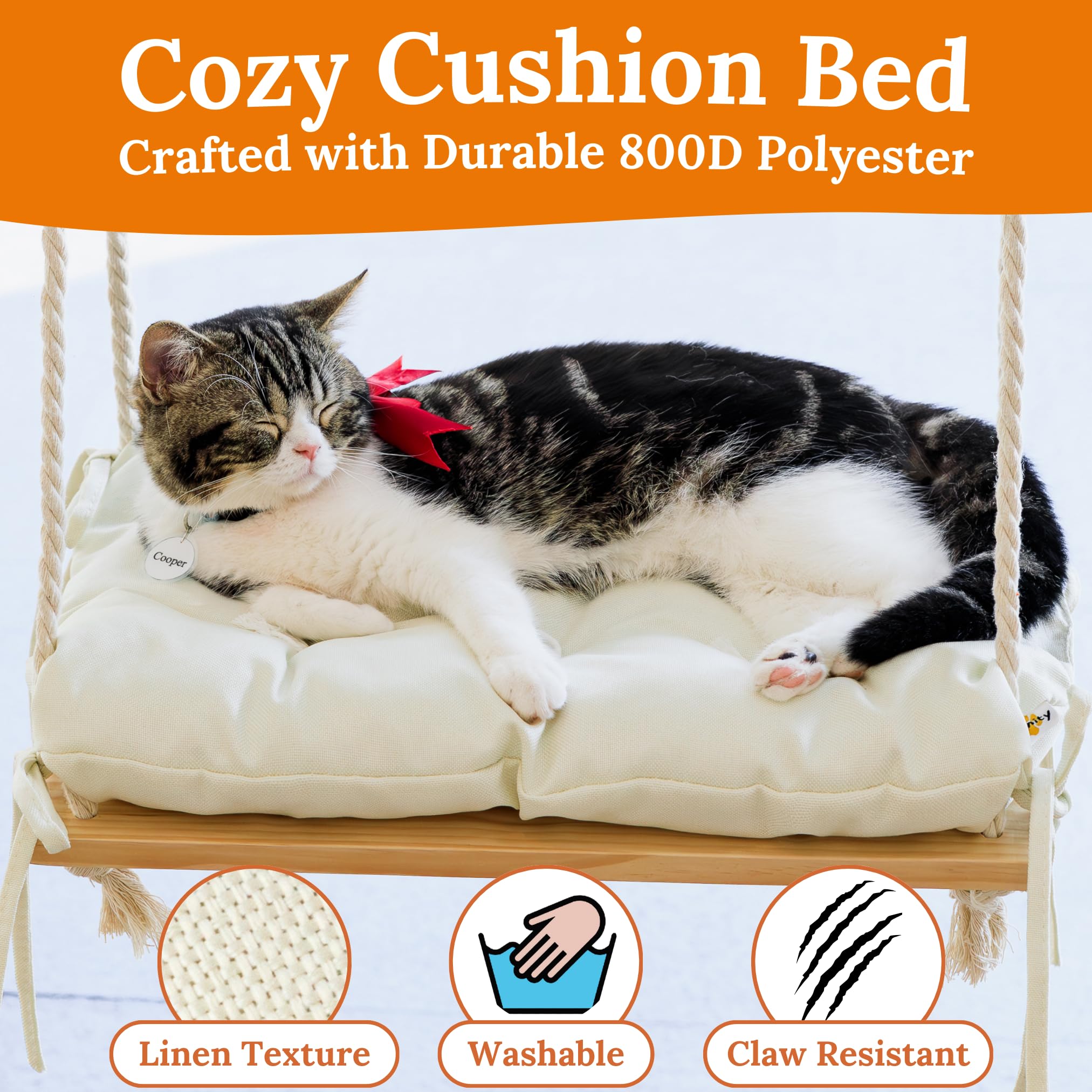 Cat Window Perch - Hammock Bed For Cats Inside - Solid Wood Seat, 4 Strong Suction Cups, Soft Cushion - Rustic Indoor Pet Shelf