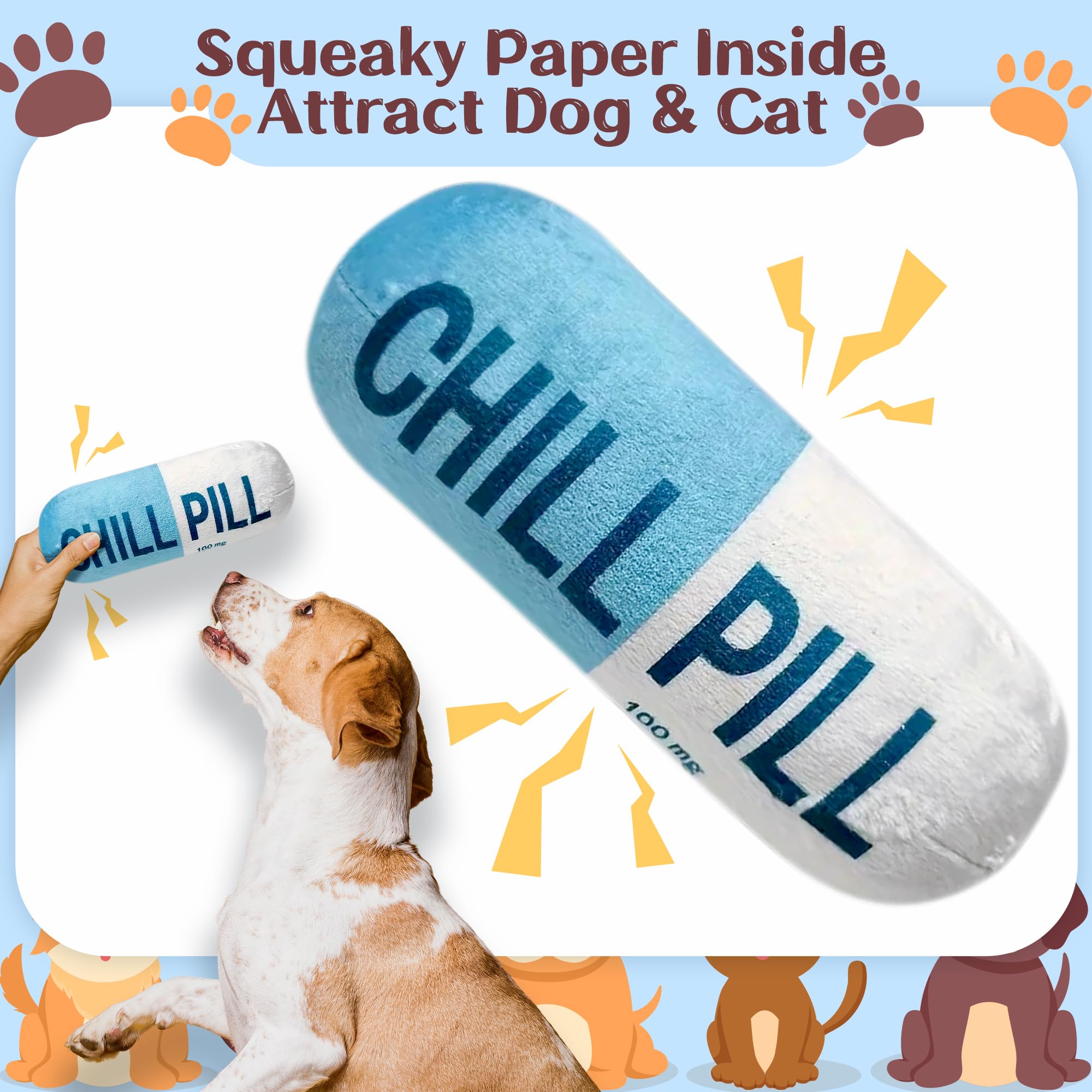 Cuweipeng Squeaky Dog Chew Toy - Blue Chill Pill Capsule Teething Funny Small Dog Squeaky Soft Plush Pet Toy Bite Kick Indoor In