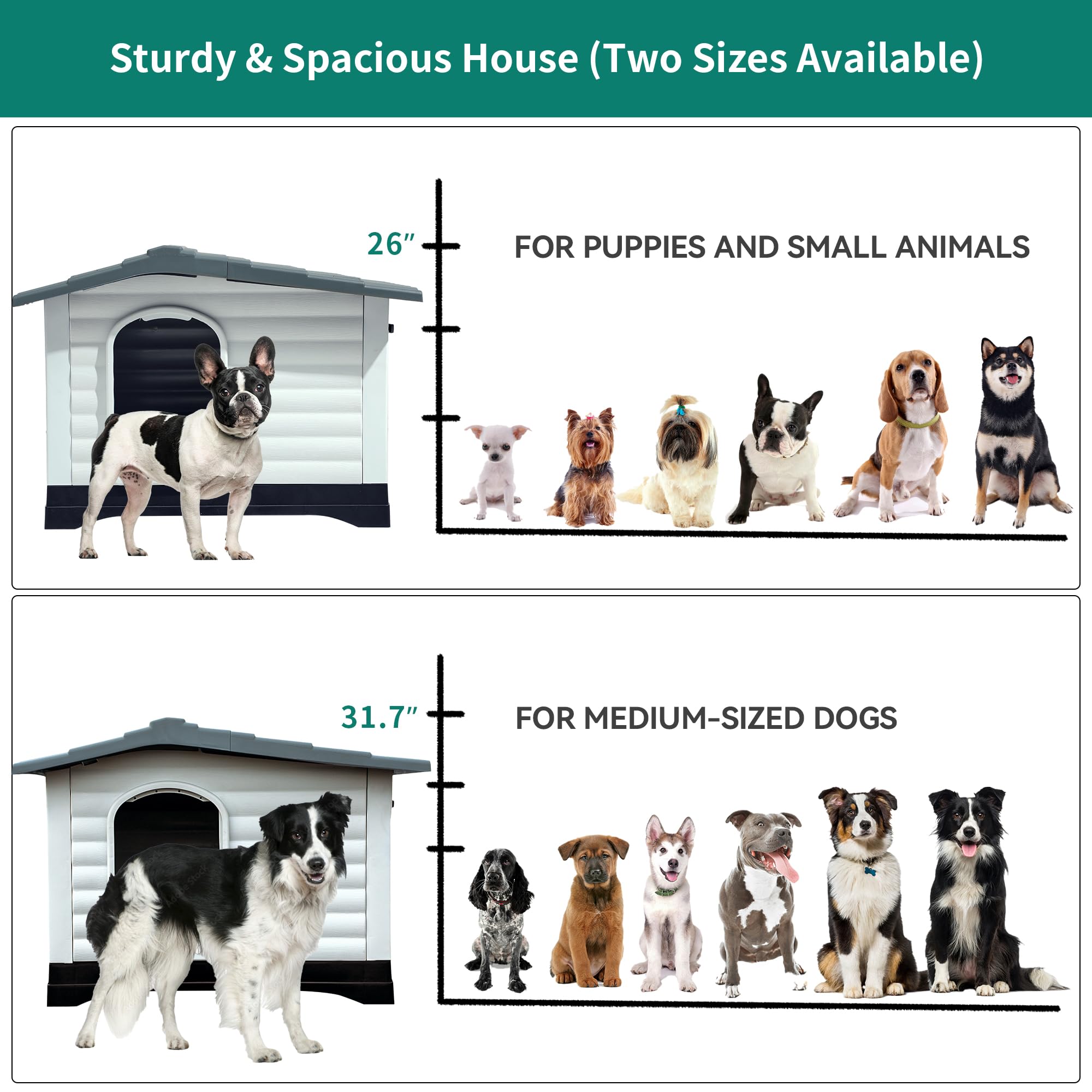 Yitahome 36'' Large Double Door Dog House With Porch & Cushion, Outdoor Plastic Doghouse With Elevated Base, Easy To Install, Wa