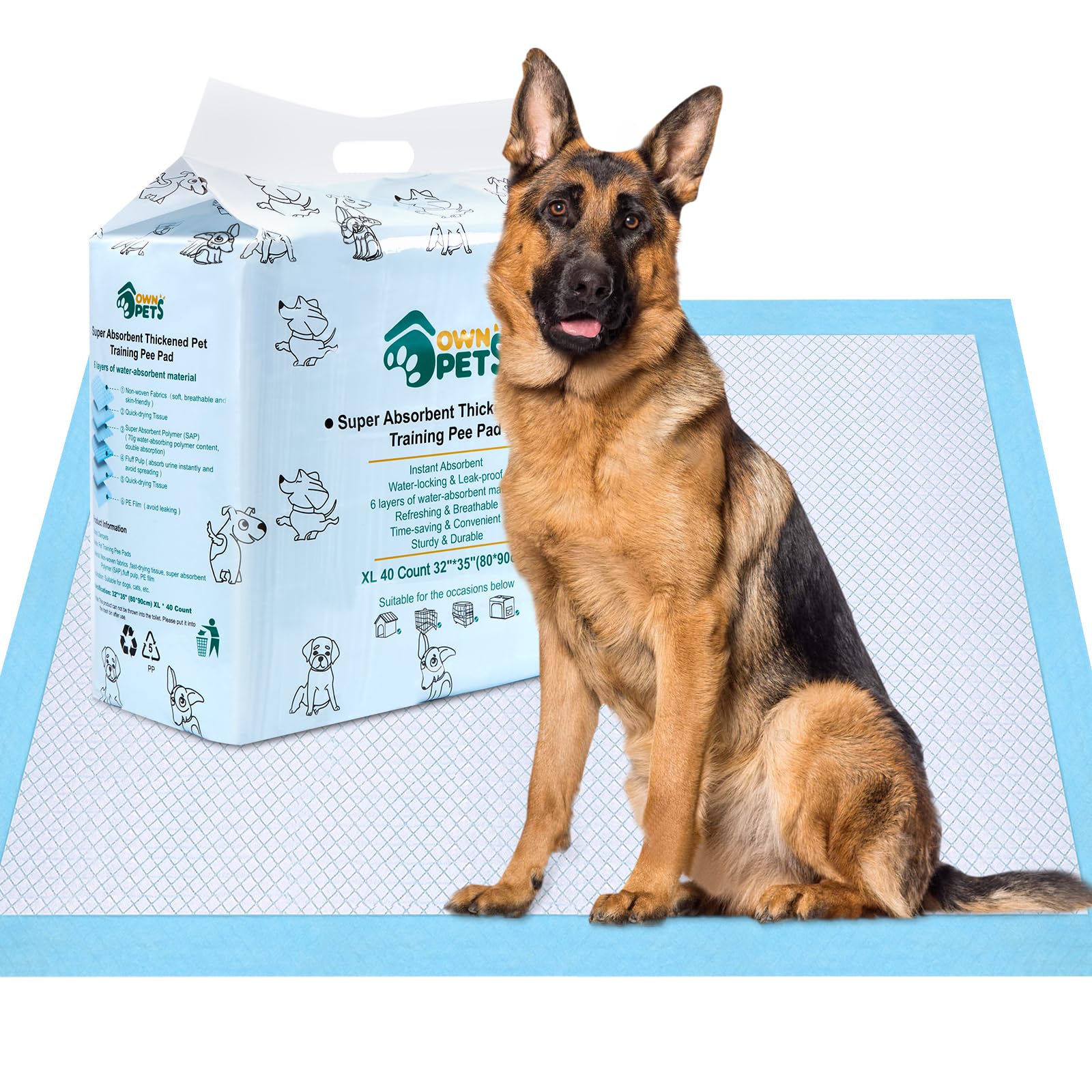 Ownpets Dog Training Xl Extra Large Pad 35’’ X 32’’, Leak-Proof 6-Layer Pet Potty Training Pads Pee Pads With Quick-Dry Surface For Pets, Puppies, Adult, Sick & Aging Dogs, 40 Counts