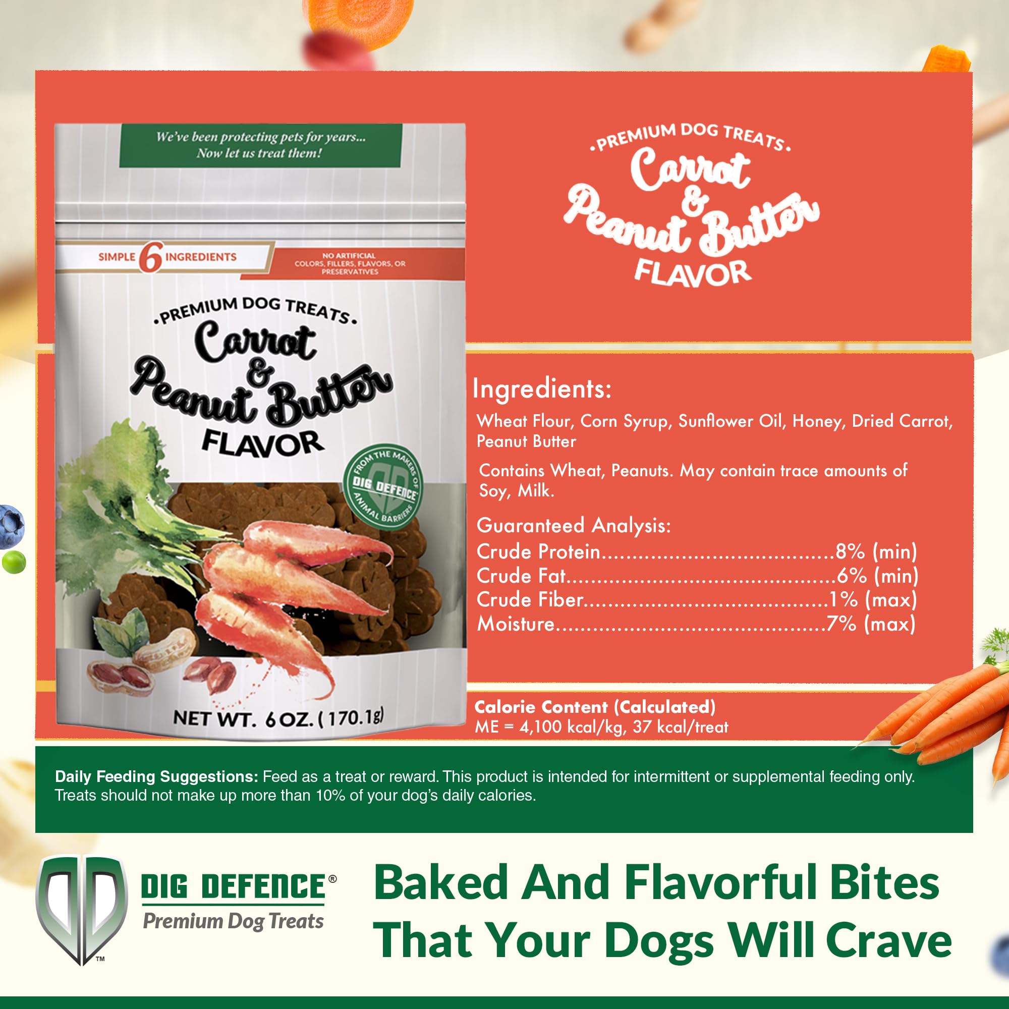 Dig Defence Premium Dog Treats - Carrot and Peanut Butter, Natural Ingredients, Baked Gourmet Snacks for Small & Big Dogs, Healt
