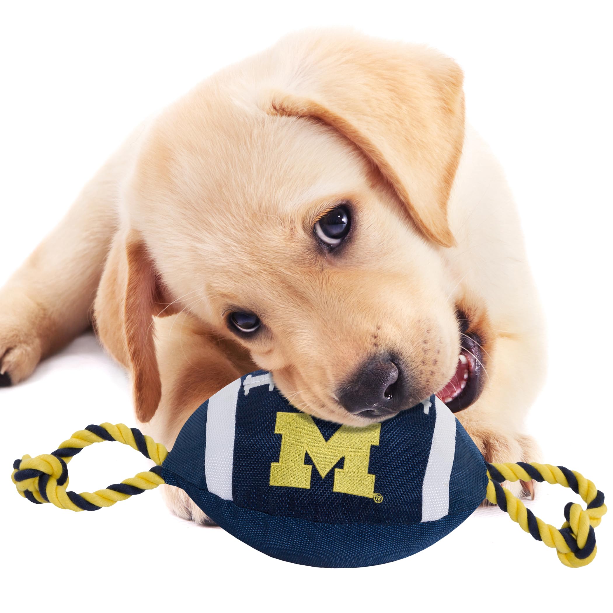 Pets First NCAA Michigan Wolverines Football Dog Toy, Tough Quality Nylon Materials, Strong Pull Ropes, Inner Squeaker, Collegia