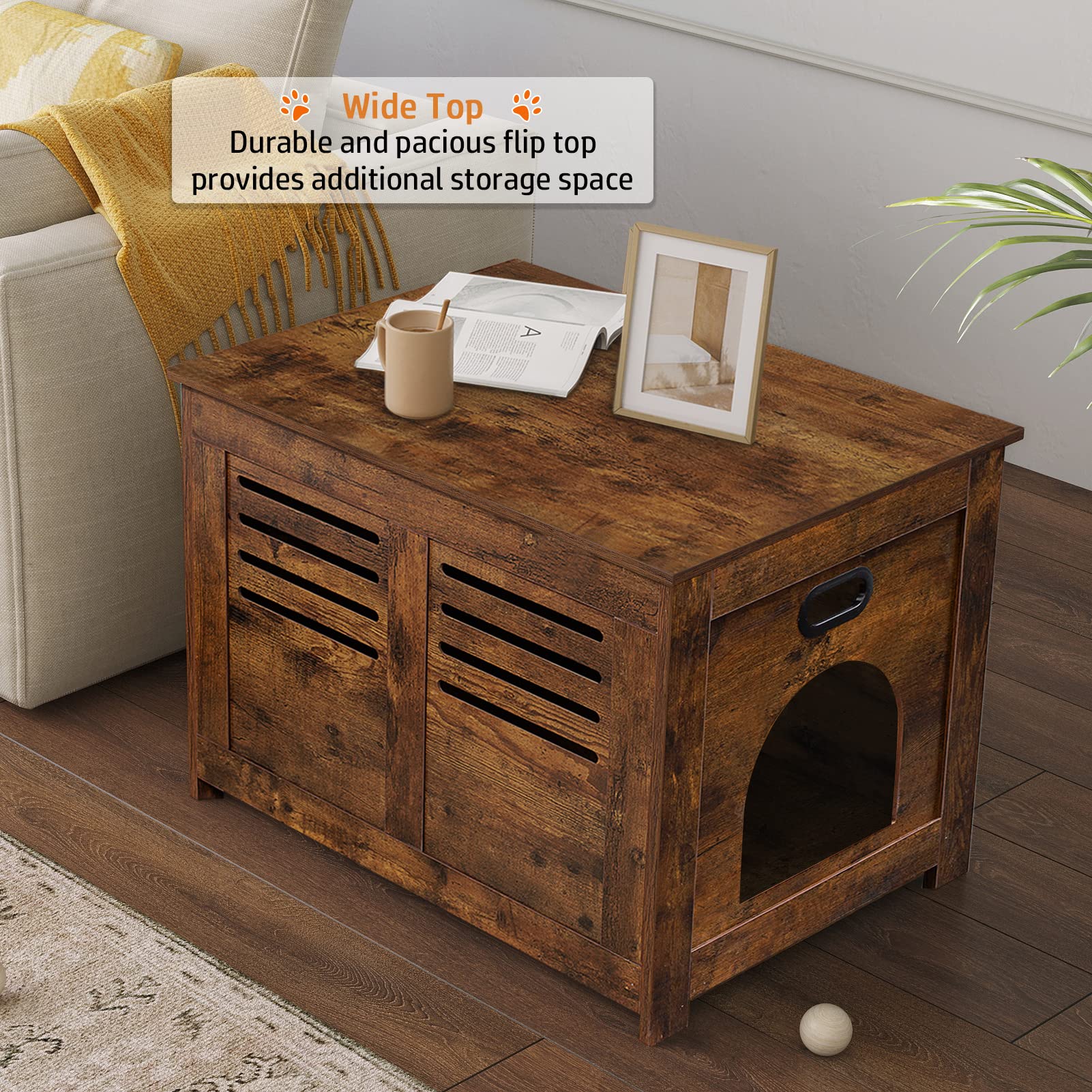 Dinzi Lvj Litter Box Furniture, Flip Top Hidden Cat Washroom With Louvered Window, Entrance Can Be On Left/Right Side, Enclosed Cat Litter House Side Table For Most Of Cat And Litter Box, Rustic Brown