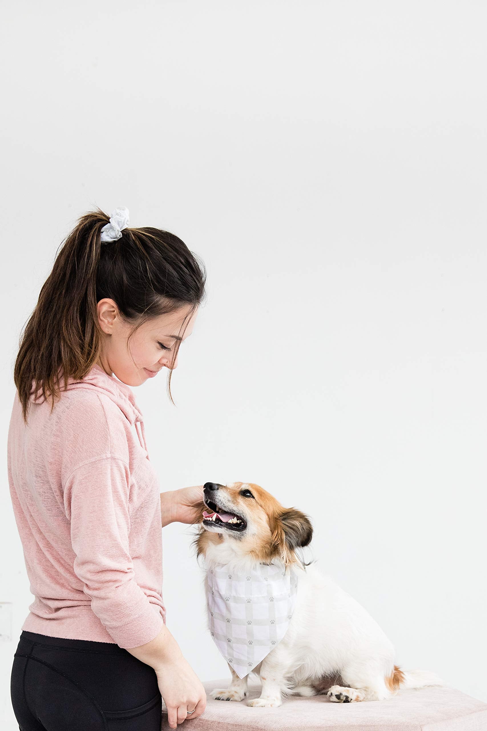 Pearhead Matching Bandana And Hair Scrunchie Set, Pet Owner And Dog Lover Set, Grey Gingham Paw Print, M/L