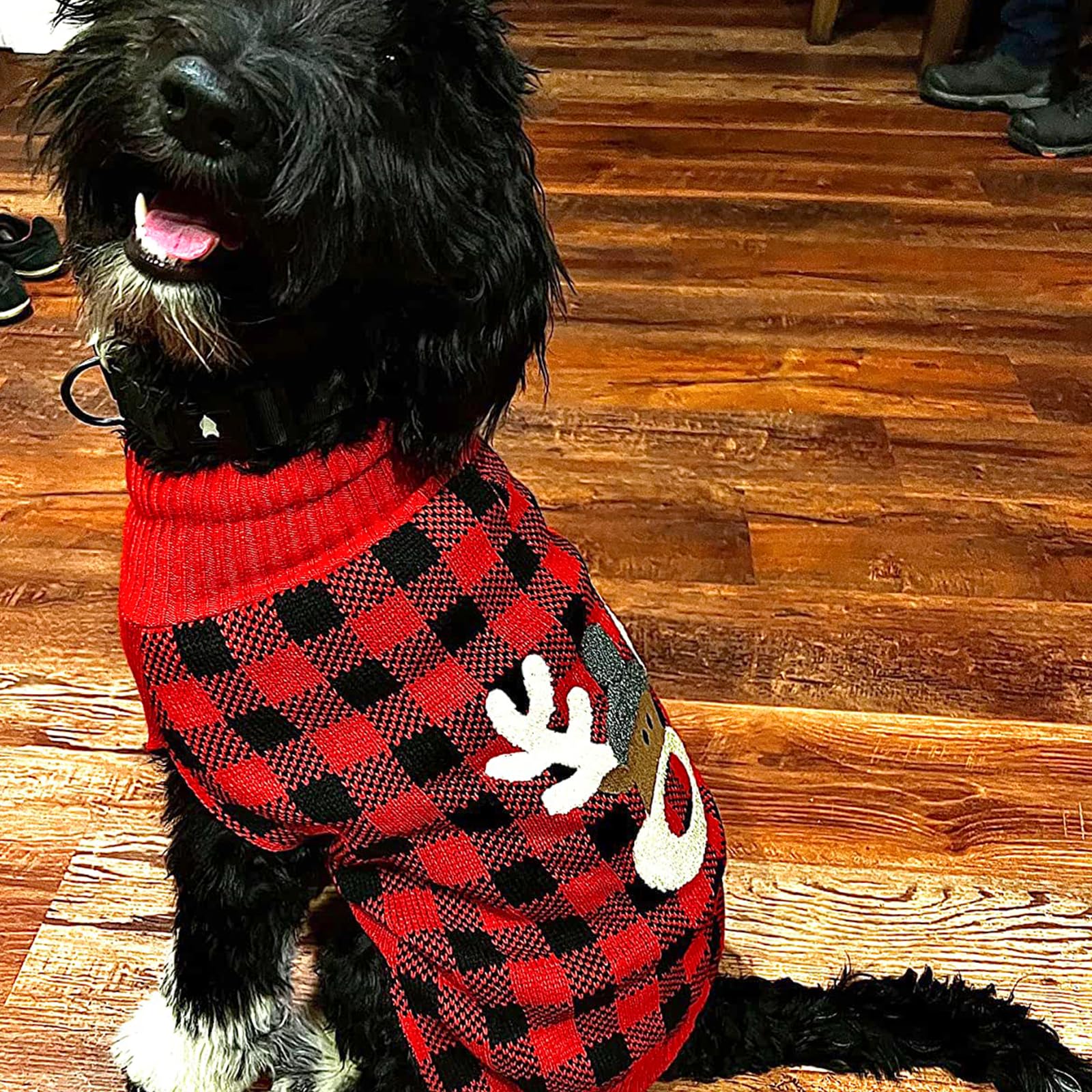 Kyeese Christmas Reindeer Dog Sweater For Medium Dogs With Leash Hole Dog Sweaters Red Buffalo Check Pet Sweater,Xxl