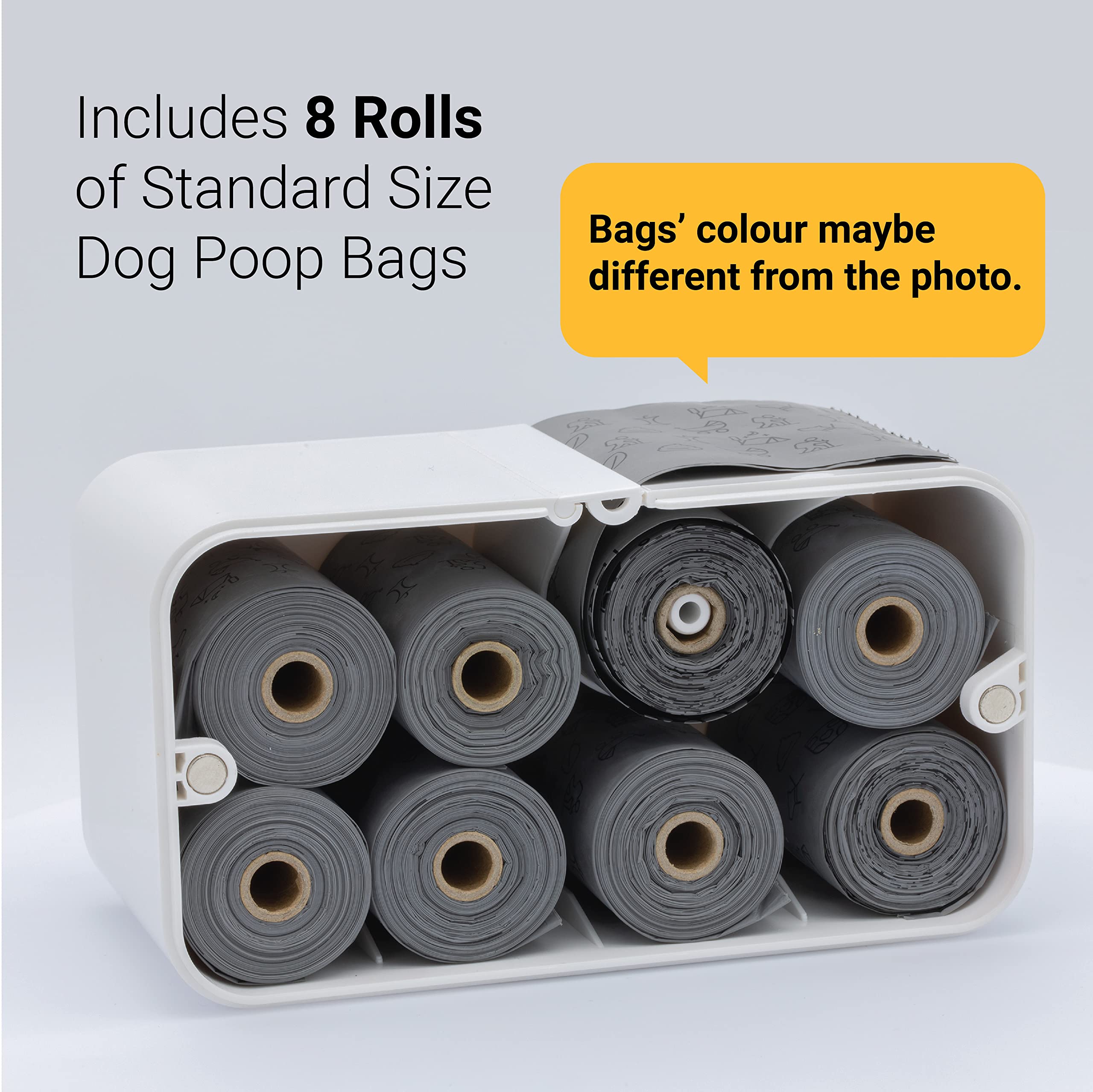 SVD.PET Dog Poop Bag Dispenser, White, Holds 120 Bags, Wall Mount or Tabletop Use, Includes 8 Rolls of Waste Bags