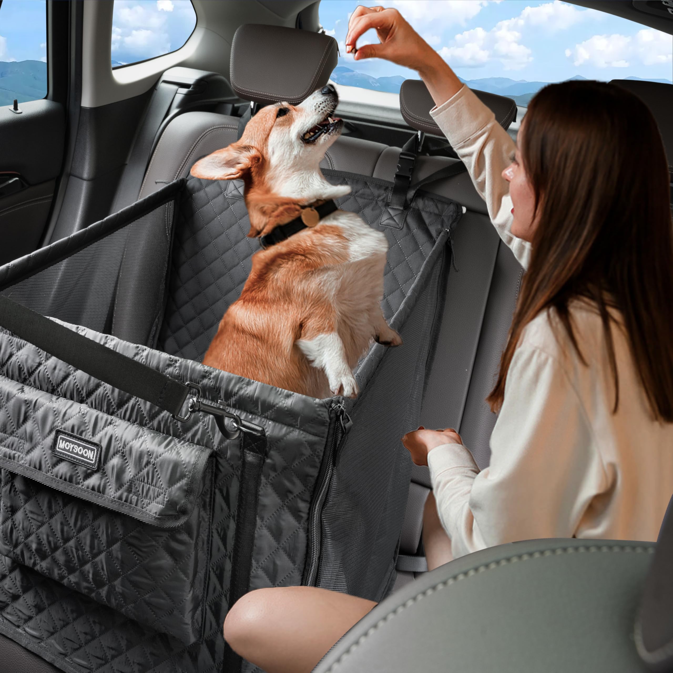 Moysoon Dog Car Seat For Medium Dogs, Foldable Non-Slip Pet Carseat With Storage Pocket, Waterproof & Durable Dog Seat Cover For