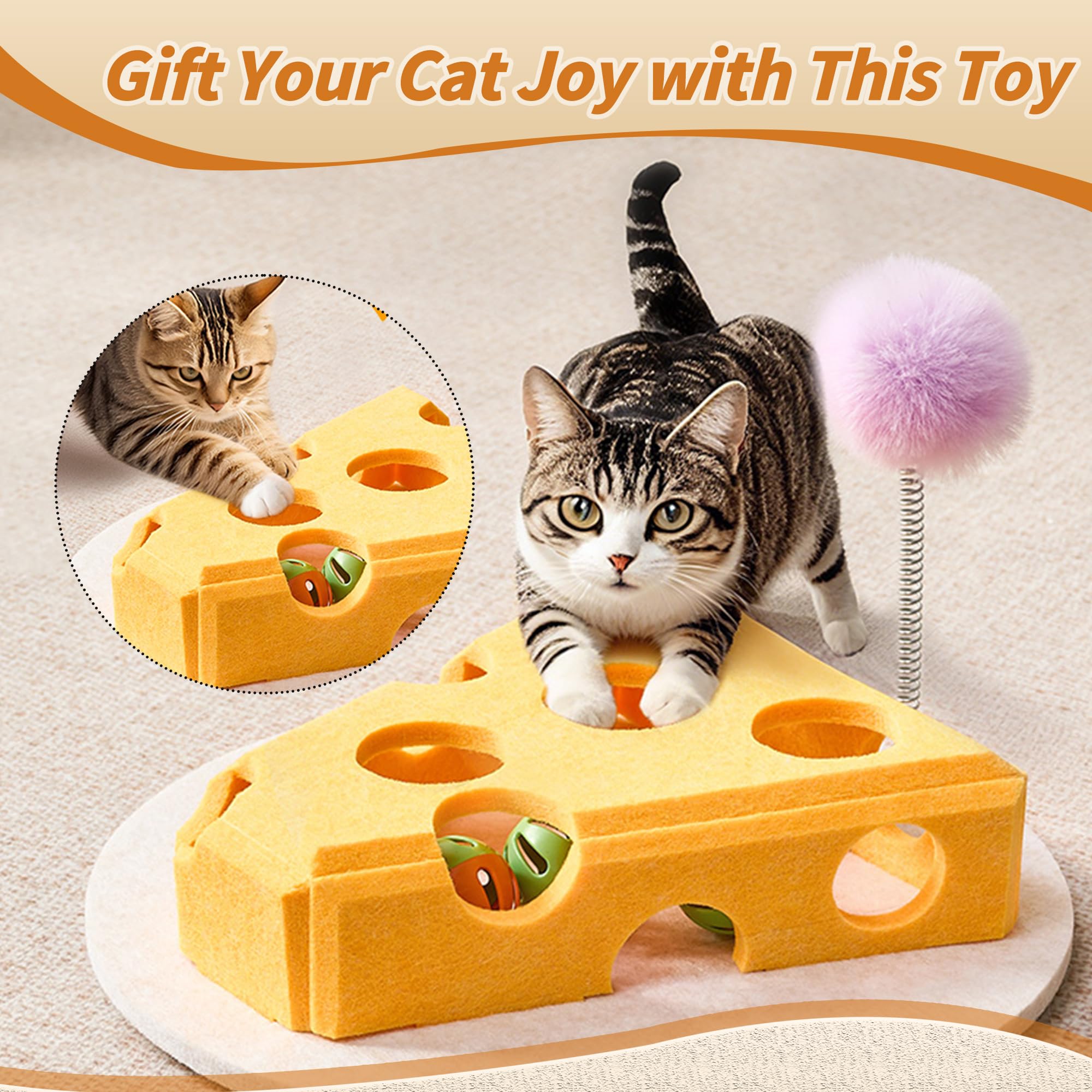 BZDBZD Interactive Cat Puzzle Feeder - Felt Cheese Cat Scratch Box-Nail File Maze, Jingle Balls & Spring Teaser | Slow Feeding &