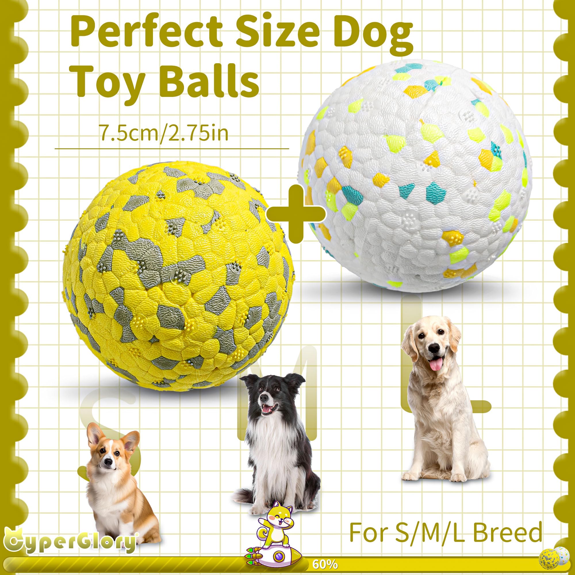 Cyperglory 2 Pack Indestructible Dog Tennis Balls For Aggressive Chewers: Interactive Pet Toys, Herding And Jolly Ball For Dogs,