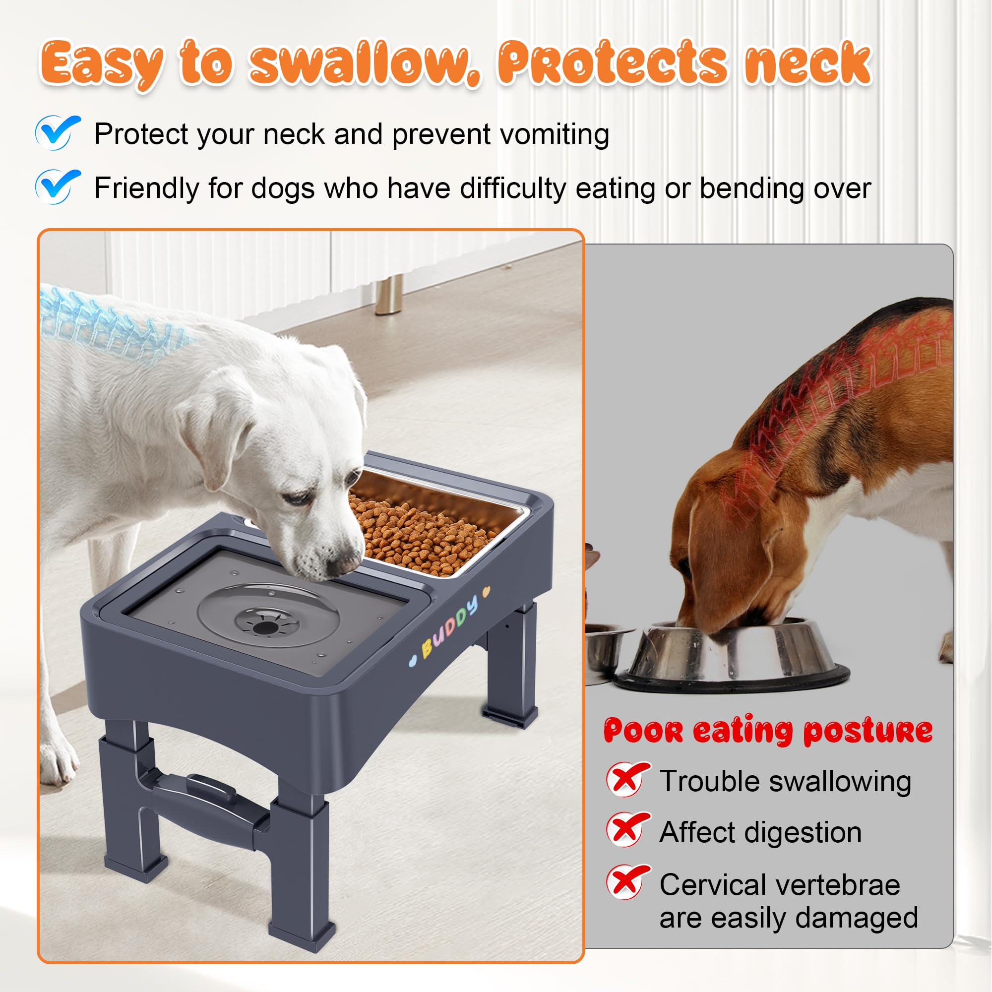 Decflow 3-In-1 Elevated Dog Bowls - 4 Height Adjustable, Stainless Steel, Slow Feeder, No Spill Water Bowl, Foldable For Medium